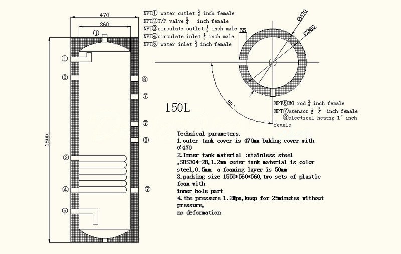 150 Liter 40 Gallon Stainless Steel Solar Hot Water Heater Tank Single Copper Coil Heat Exchanger