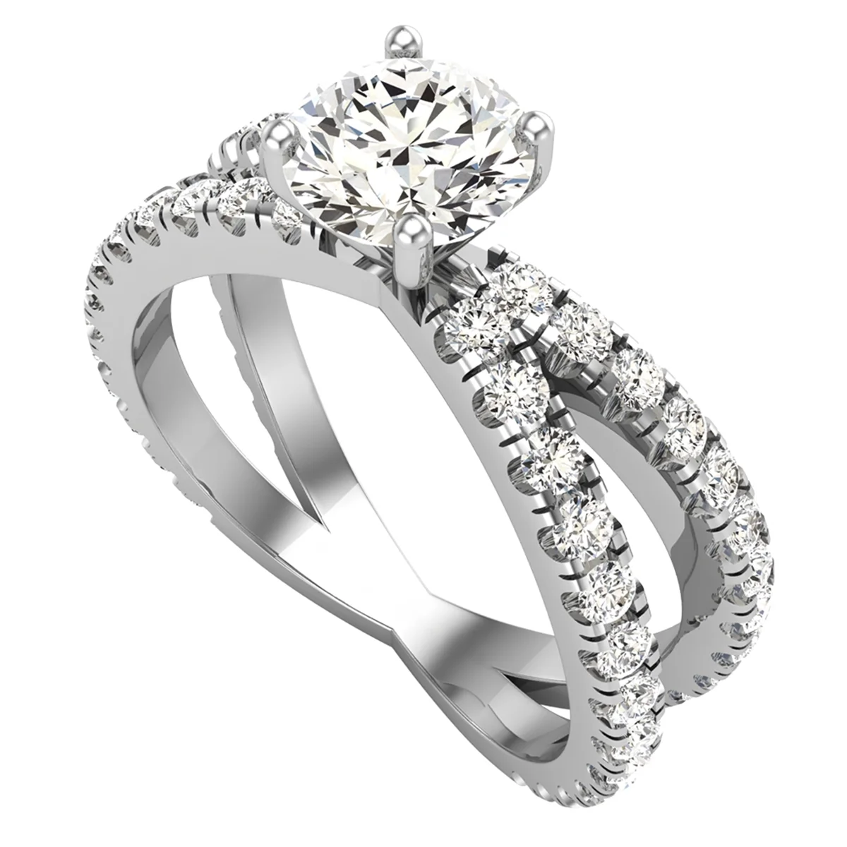 X Cross Split Shank Round Brilliant Diamond Engagement Ring 1.75 CT TW 14K White Gold (H-I,SI1)