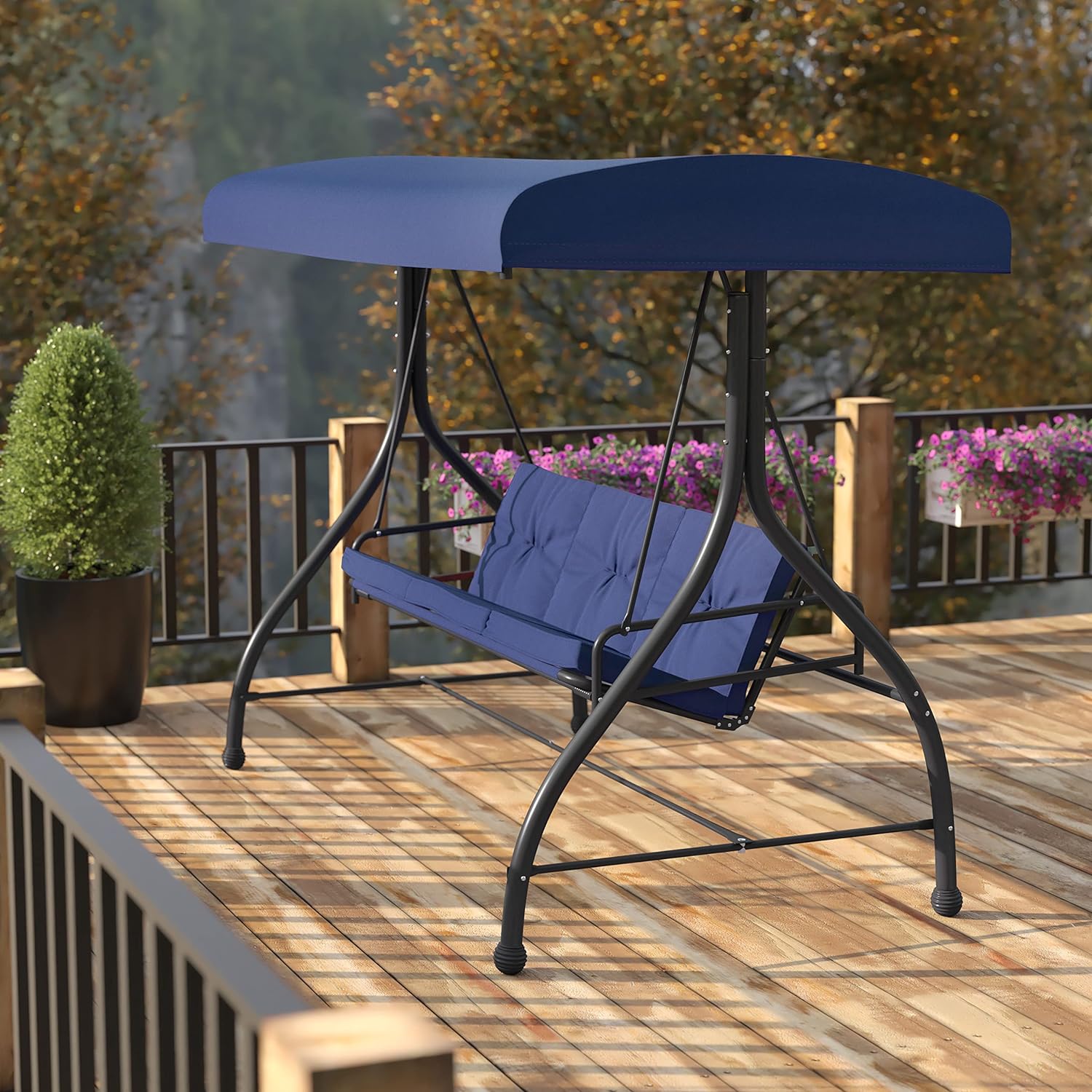Tellis 3-Seat Outdoor Steel Converting Patio Swing Canopy Hammock With Cushions / Outdoor Swing Bed (Navy)