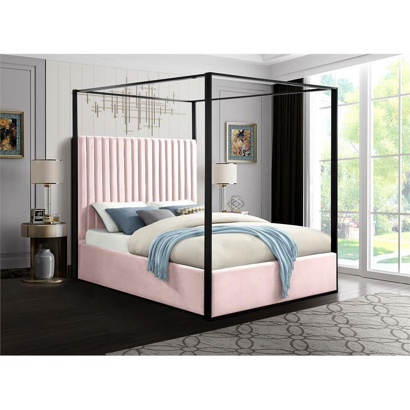 Meridian Furniture Jax Contemporary Wood Tufted Canopy Bed, Queen, Pink