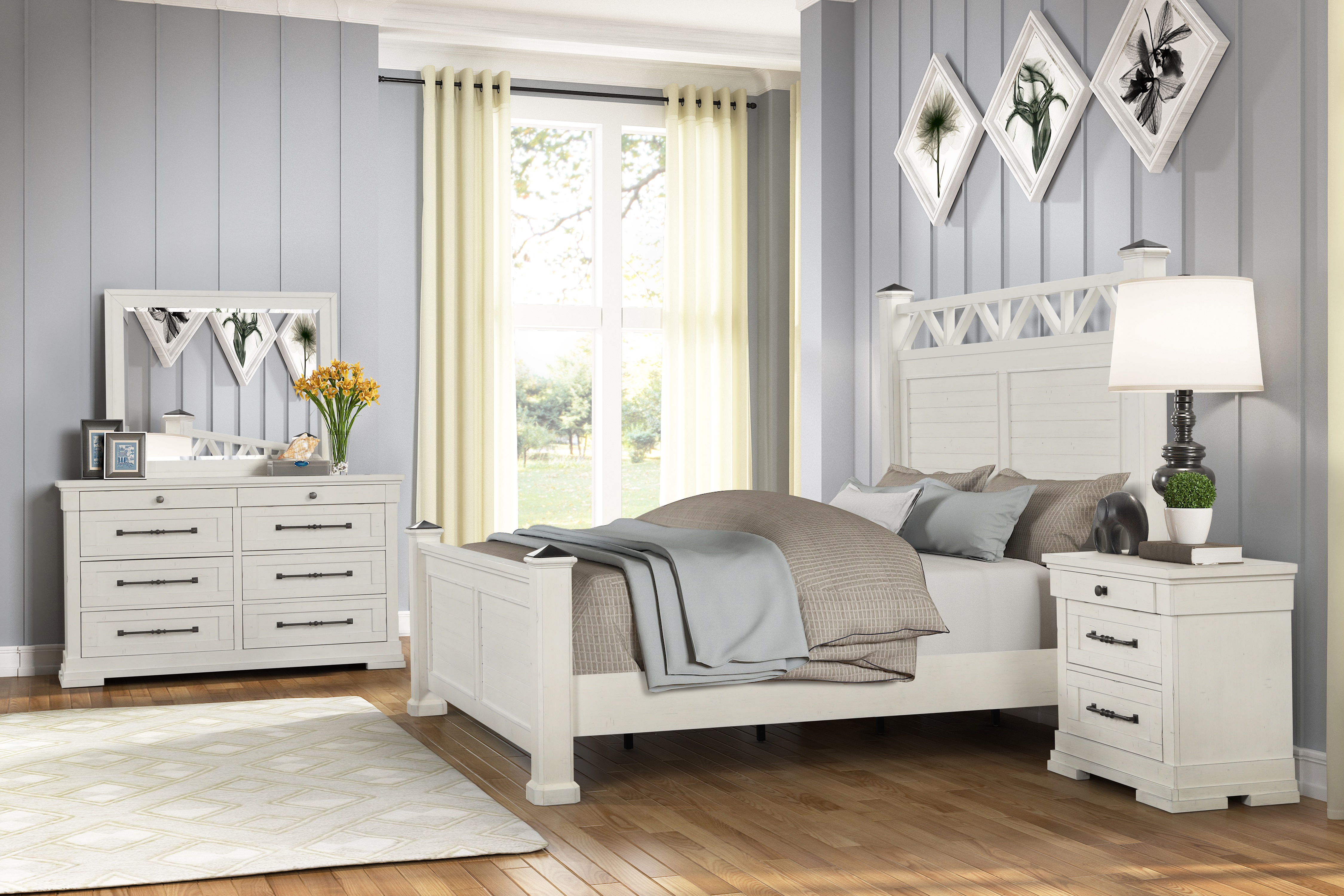 Roundhill Furniture Laria Antique White Finish Wood Panel Bed with Dresser, Mirror, and Nightstand, King Size