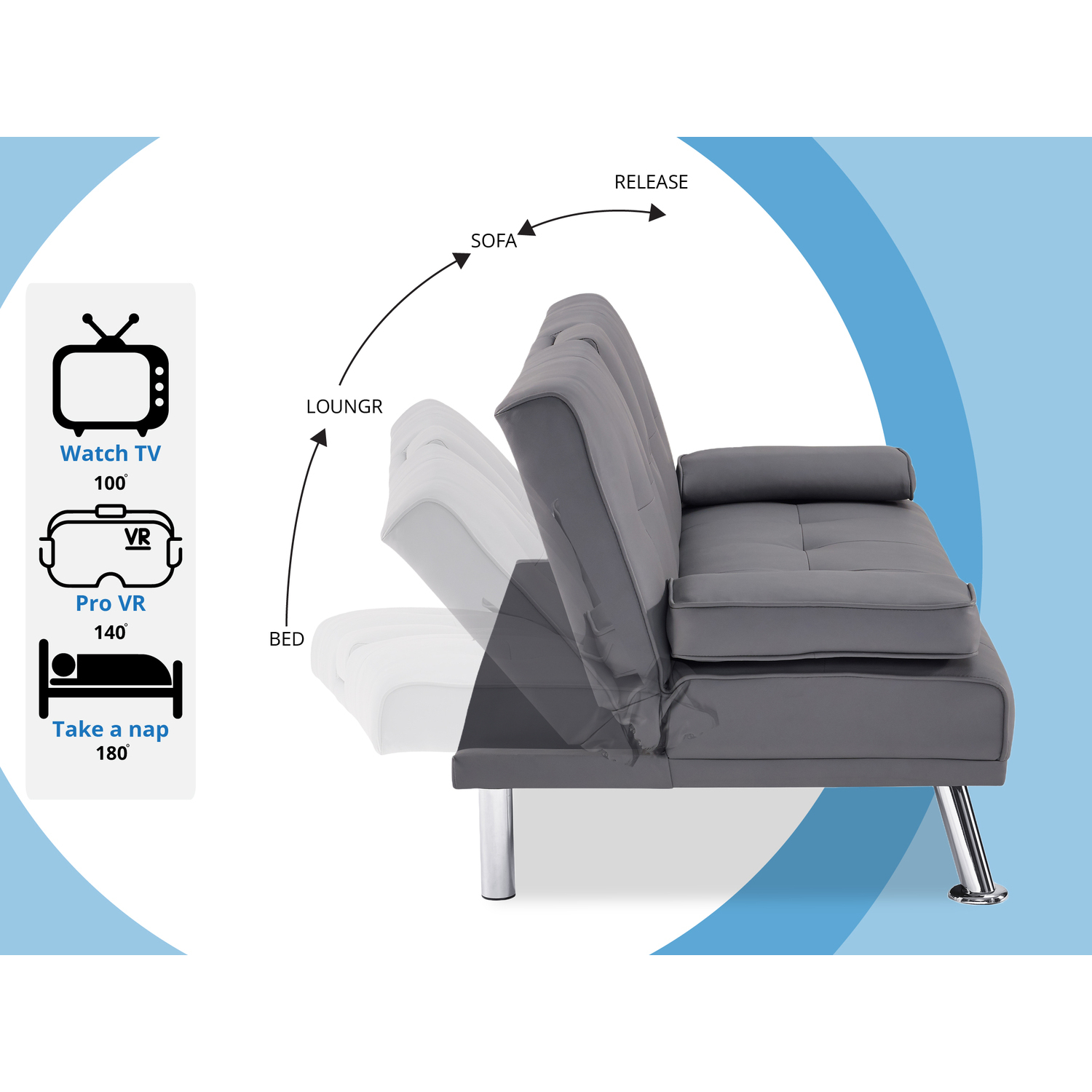 Convertible Faux Leather Futon Sofa Bed, Folding Sofa Couch with arm rest, 2 cup holders and Chrome metal Legs, Gray
