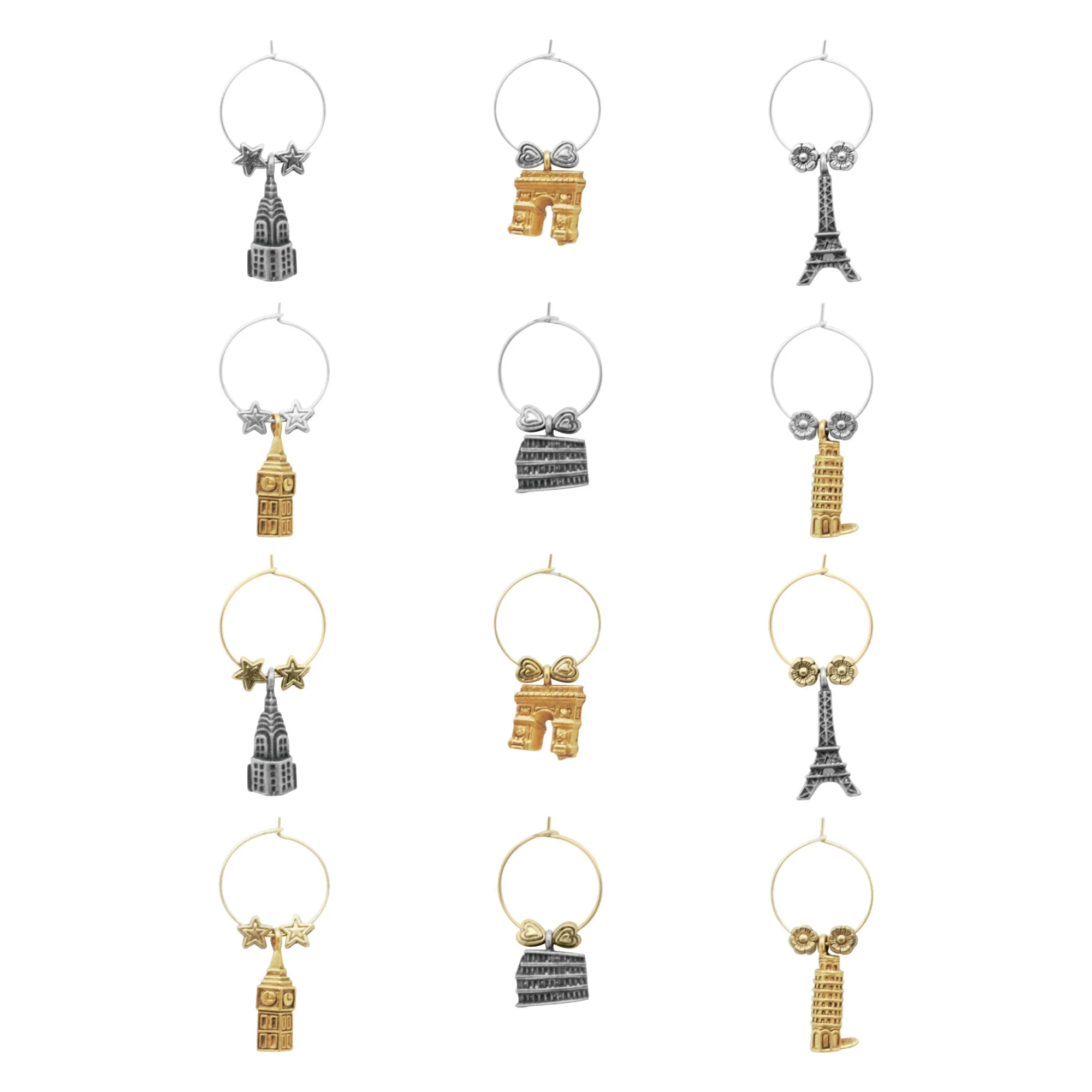 Wine Things 12-Piece Around The World Wine Charms/Wine Glass Tags/Drink Markers for Stem Glasses