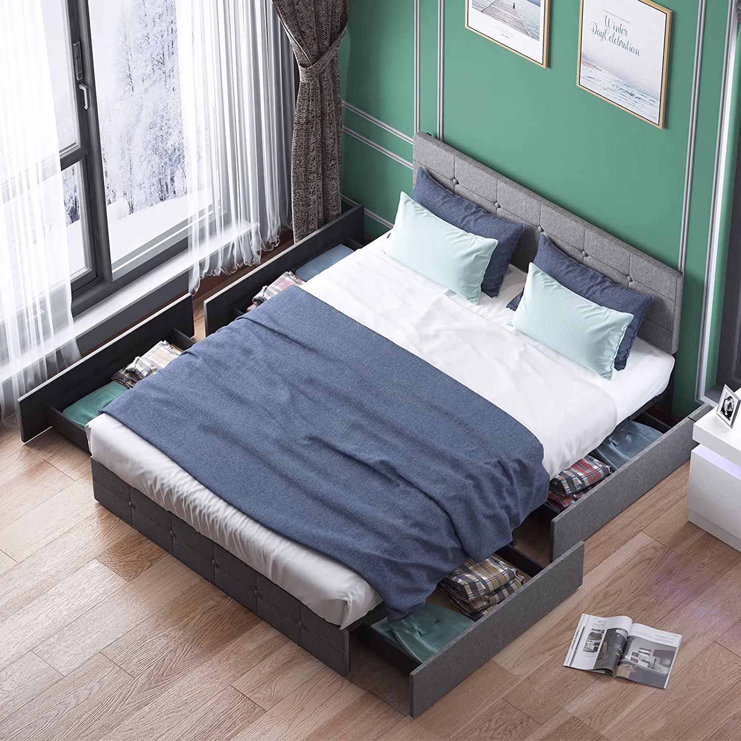 King Platform Bed Frame with 4 Storage Drawers King Size Bed Frame and Linen Fabric Headboard Square Stitched Button Tufted Design Wooden Slats Support No Box Spring Needed Beige