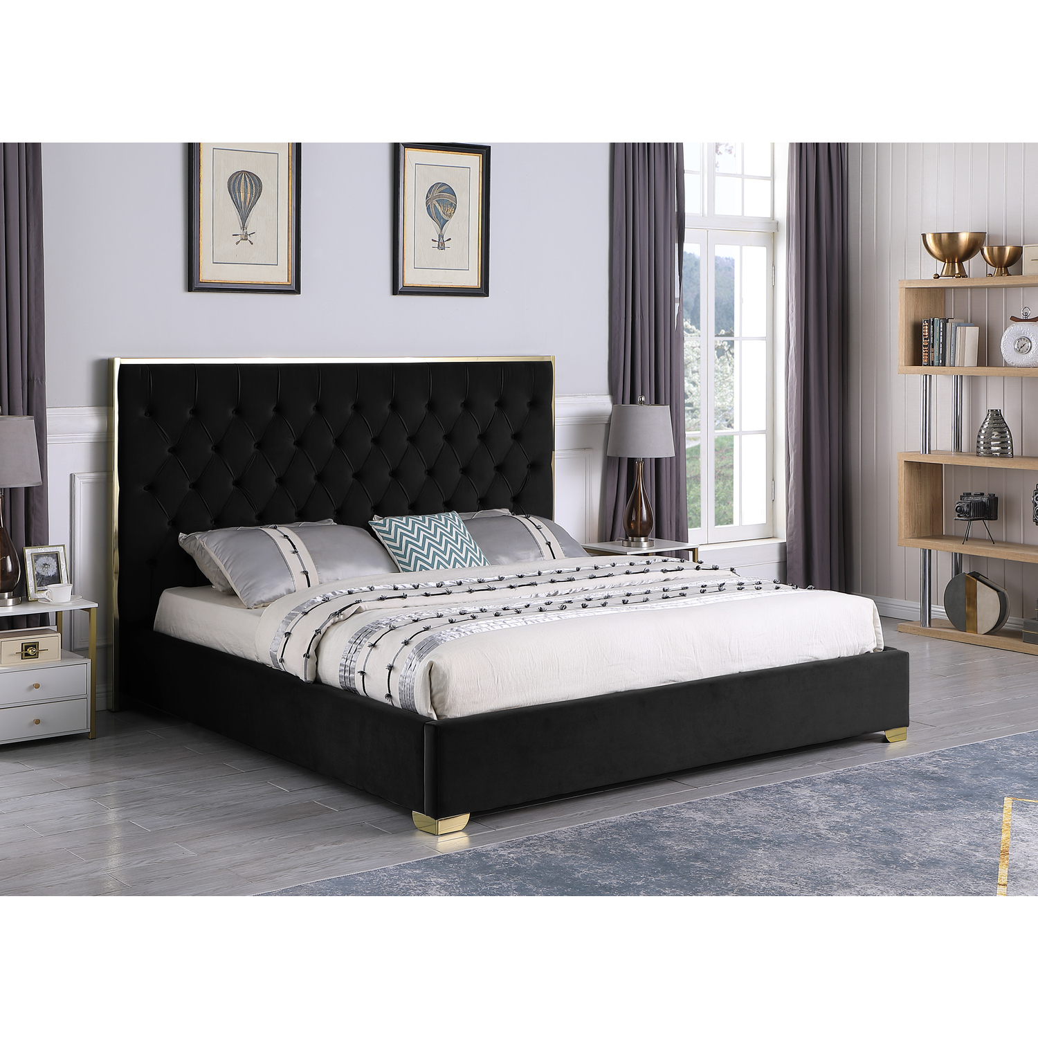 Kressa Velvet Fabric Tufted Queen Platform Bed in Black/Gold