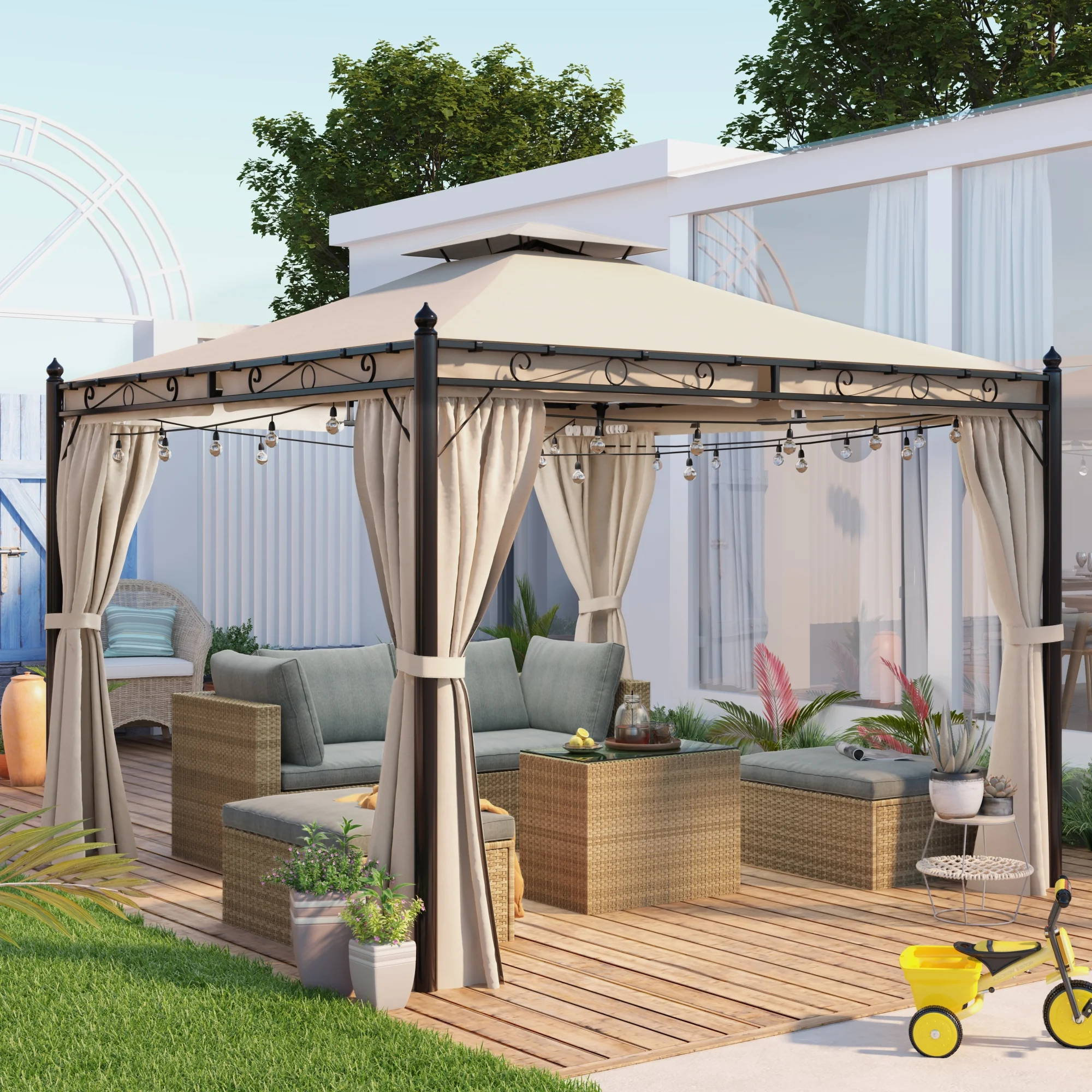 9.7 x 9.7 ft Canopy Tent, Outdoor Gazebo with Double Roof and Mosquito Netting, Patio Gazebo for Shade and Rain, Soft Top Metal Frame Gazebo for Lawn, Backyard, Poolside, Deck, Beige, D8171