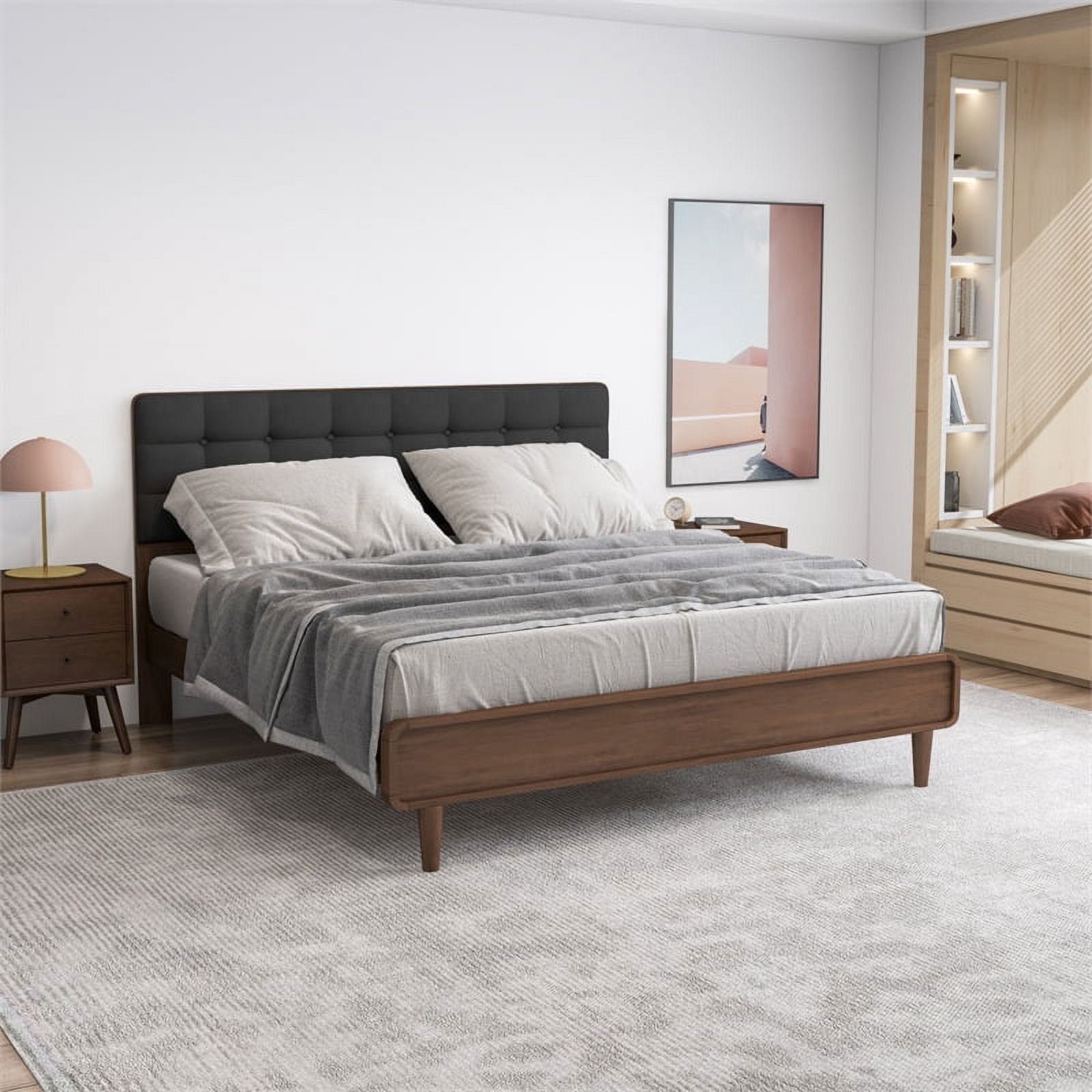 Pemberly Row Mid-Century Fabric Upholstered Platform Bed King Size in Dark Grey