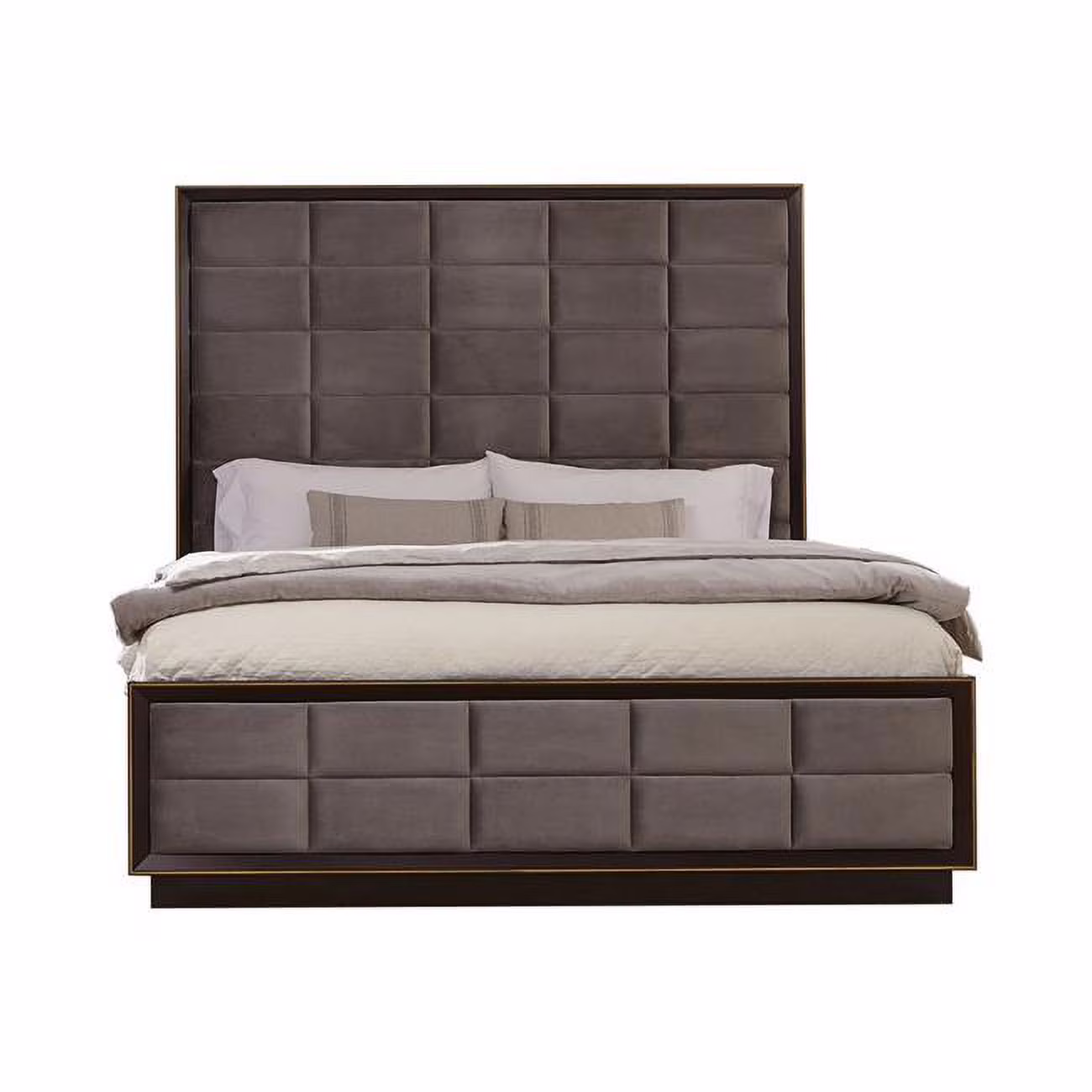 Benjara  Rectangular Tufting On Gray Upholstery Vaulted Headboard Oslo King Size Bed, Gray Brown