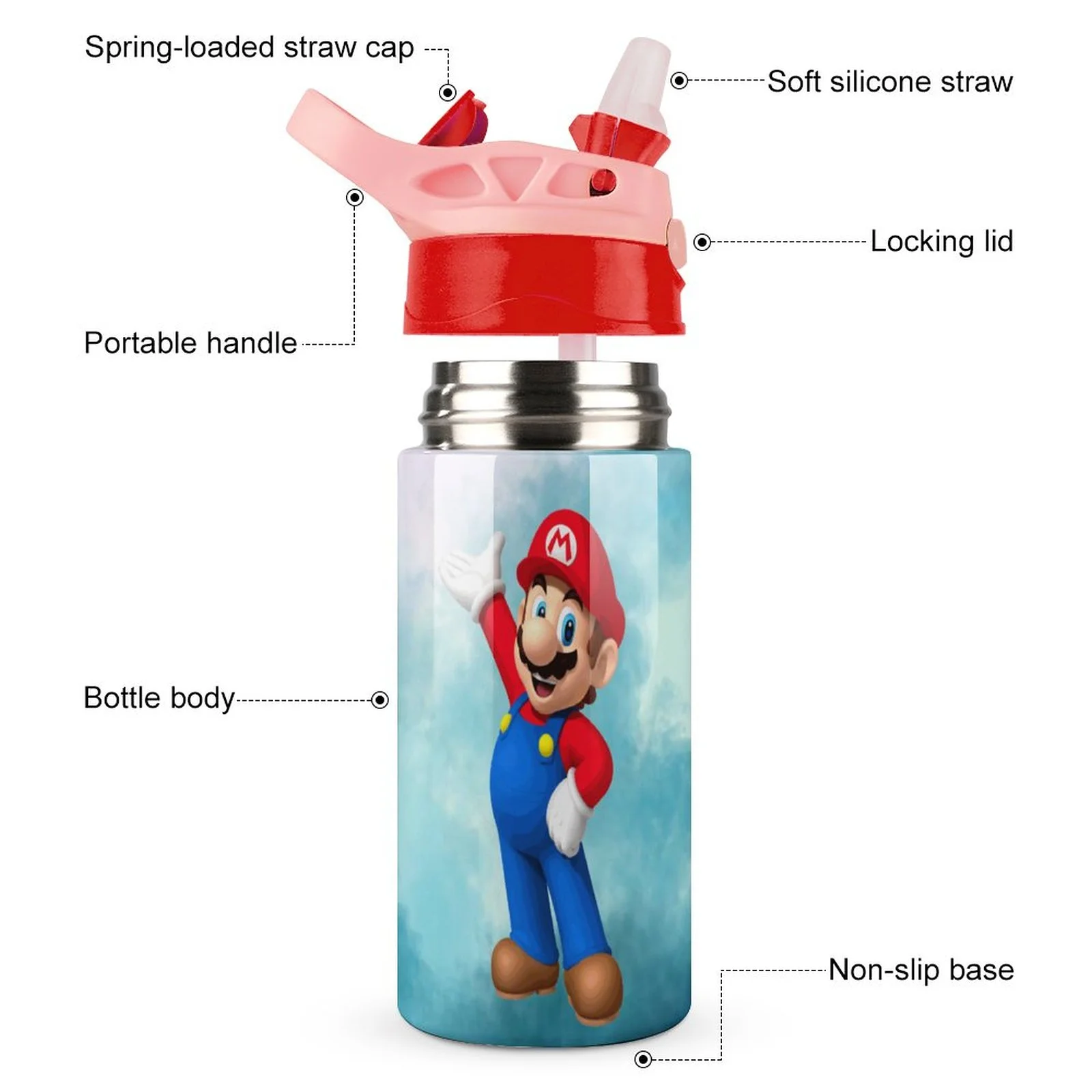 Super Mario Kid's Insulated Water Bottle With Straw Vacuum Stainless Steel Cup Leak-Proof Children Toddler Thermoses