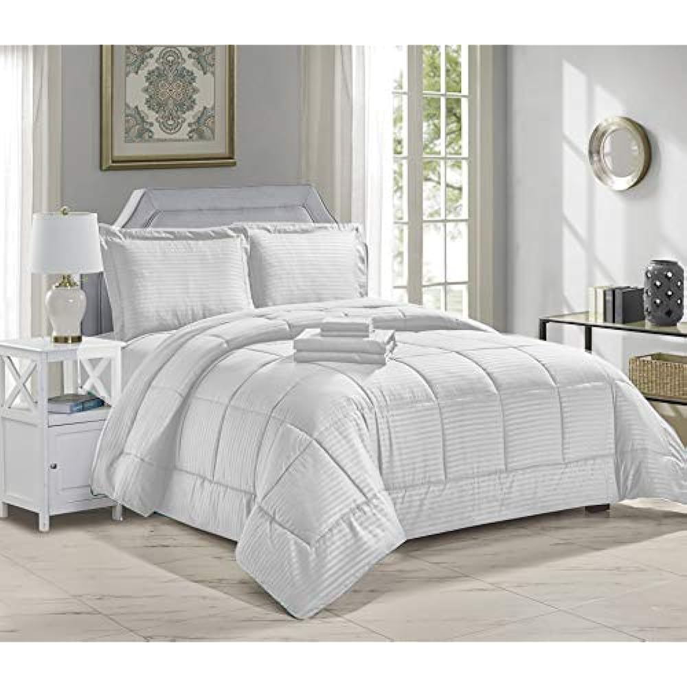 Faith, Hope, Love Home Décor Hotel Collection Queen Size 8 Piece Bed in a Bag Down Alternative Comforter Set - White