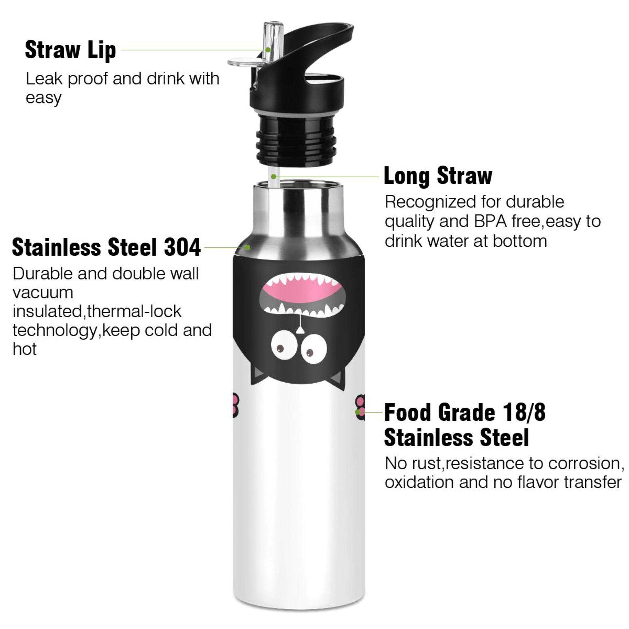 Water Bottle with Straw Lid Leak Cartoon Cat Stainless Steel Insulated Thermos Vacuum Flask for Cold Hot Drinking for Sports Camping Gym Yoga