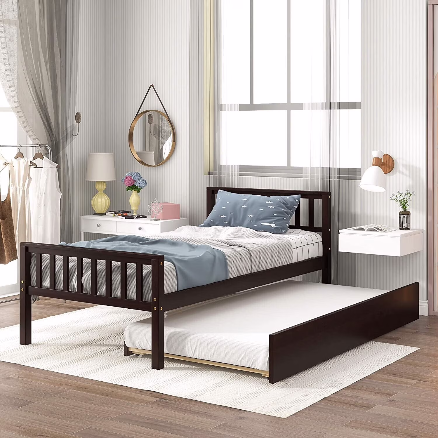 Twin Bed Frame with Trundle, Twin Platform Bed Frame with Pull Lout Trundle for Kids Boys Girls Espresso Espresso Finish
