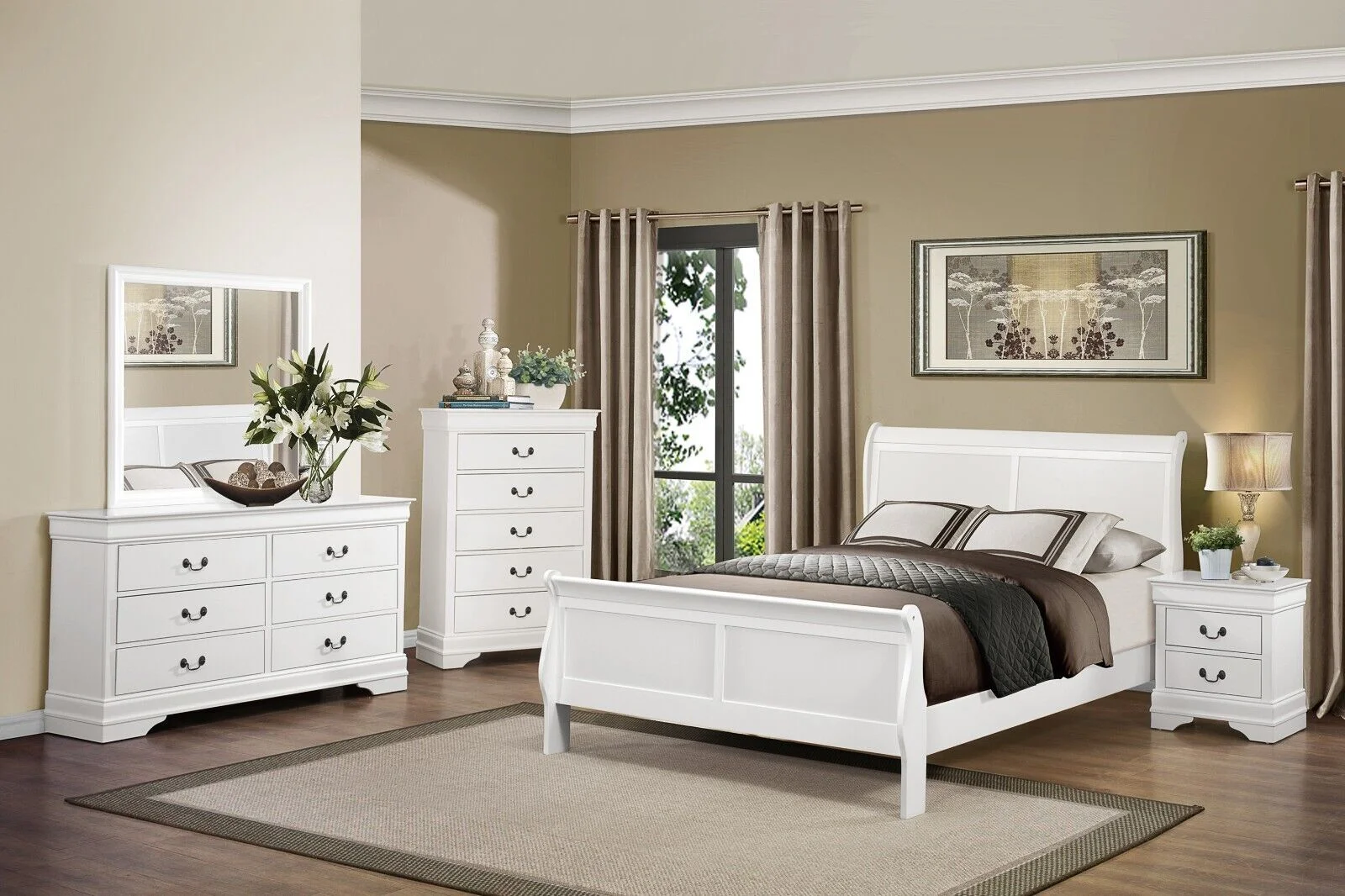 Classic Louis Philippe Style Bedroom 4pc Set Full Bed Nightstand Dresser Mirror Traditional White Finish Furniture