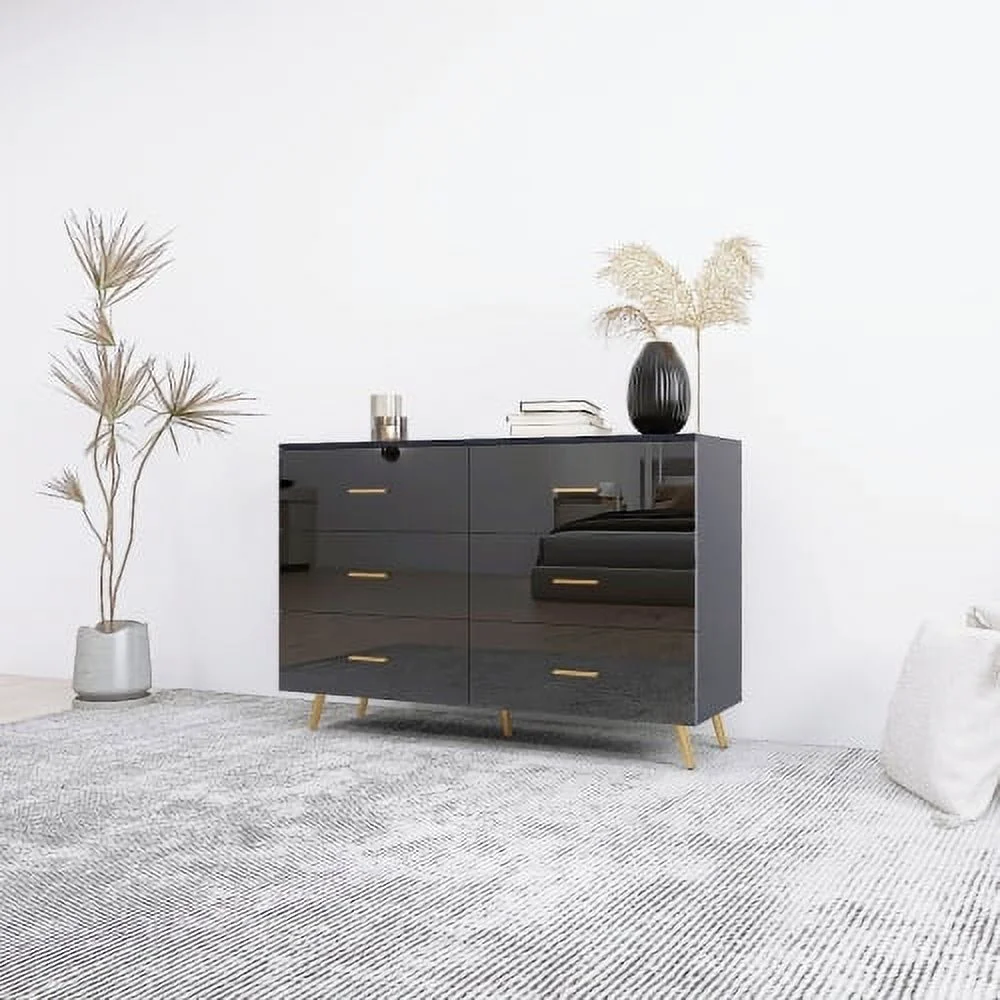 High Glossy Surface 6 Drawers Chest of Drawer with Golden Handle and Golden Steel Legs Black Color Vanity