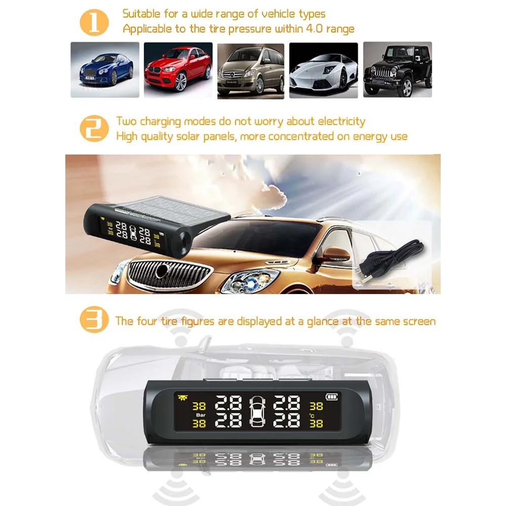 ametoys Car TPMS Solar Charging HD Digital LCD Display Auto System Wireless With 4 Sensor