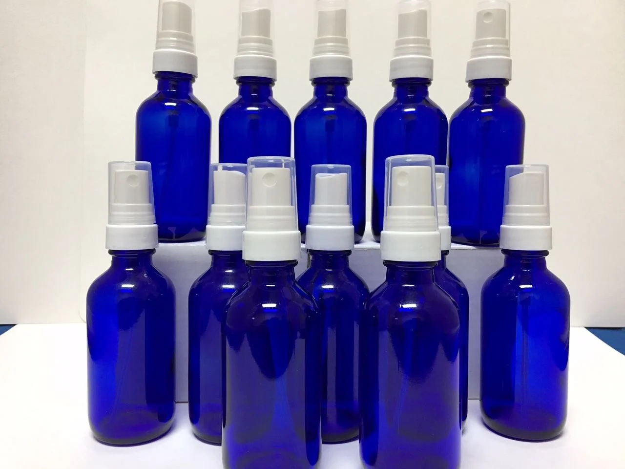 12 - 2oz Cobalt Blue Boston Round Glass Spray Bottle WHITE Fine Mist Sprayer