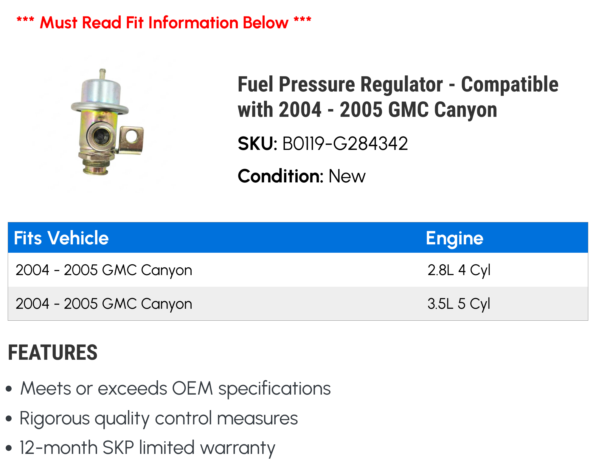 Fuel Pressure Regulator - Compatible with 2004 - 2005 GMC Canyon