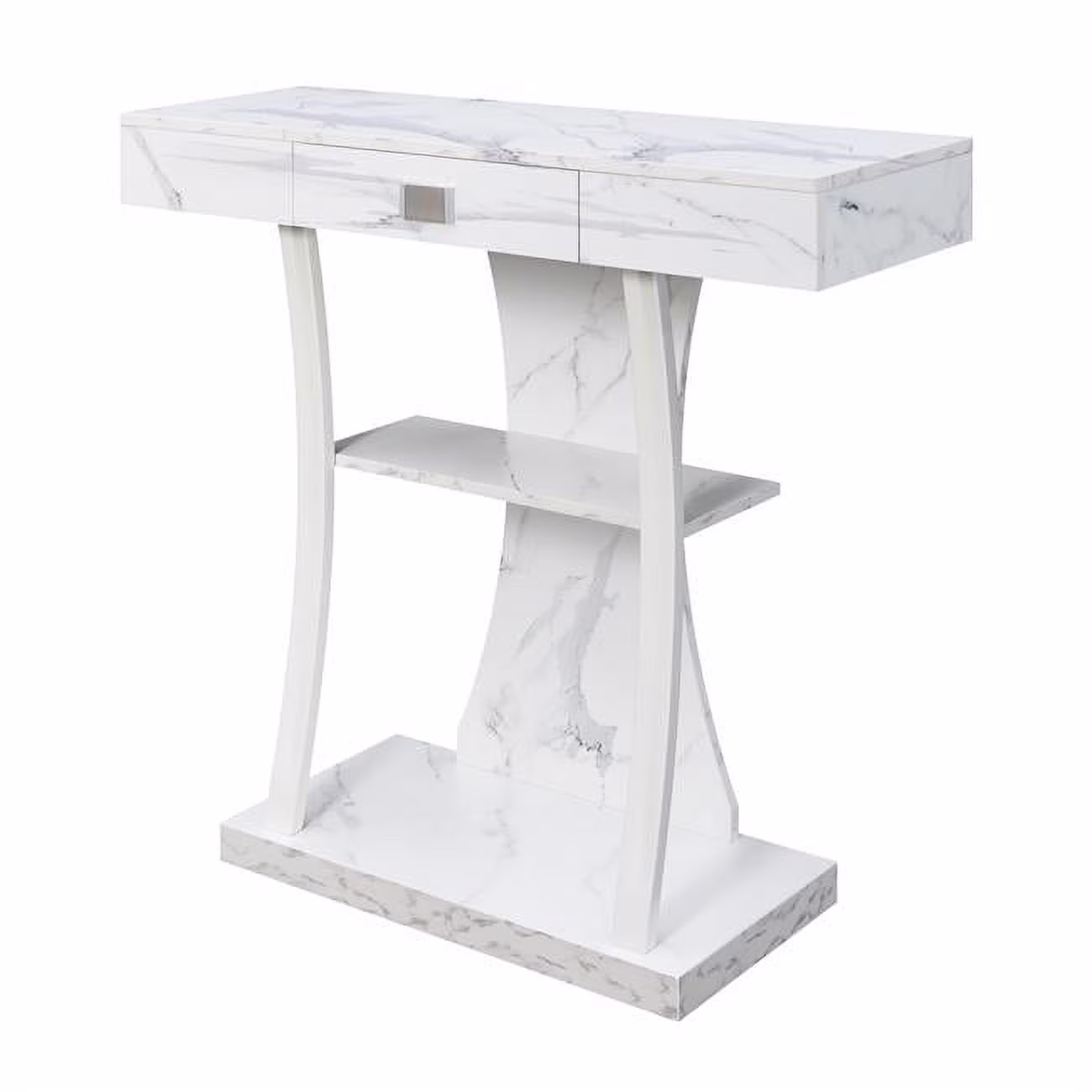 Newport 1 Drawer Harri Console Table with Shelves, White Faux Marble & White