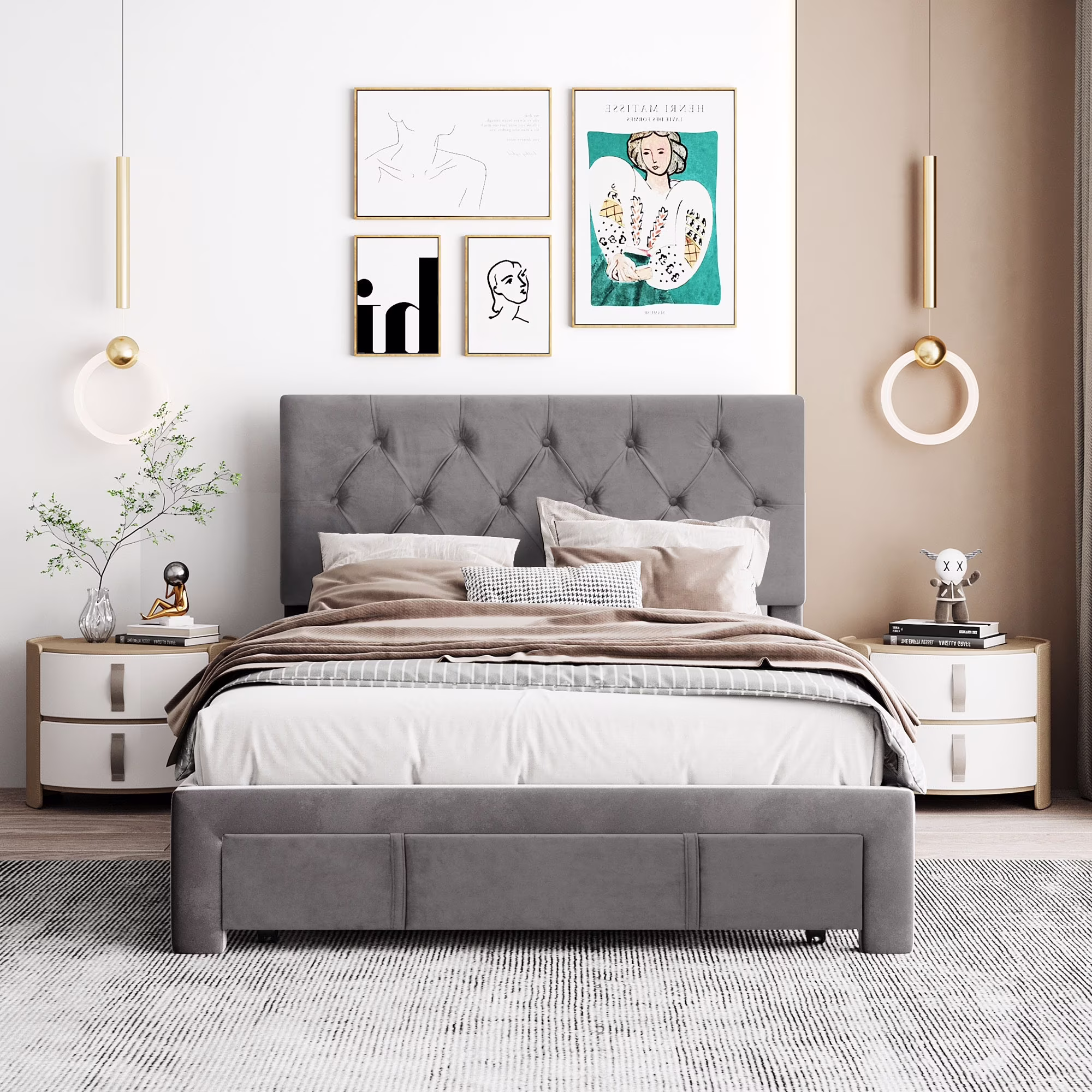 Levy Tufted Upholstered Low Profile Storage Platform Bed Grey