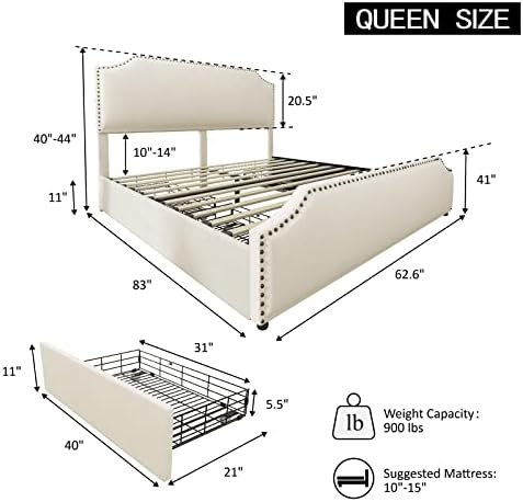 HBBOOMLIFE Queen Size Bed Frame with 4  Drawers and Headboard  Queen Velvet Upholstered Platform Bed with  Curved Adjustable Headboard/Strong Wooden Slats/Easy Assembly/Cream