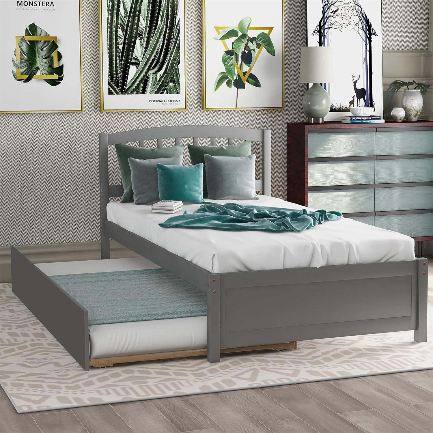 Bed With Trudle Bed, Wood Platform Bed With Headboard Ad Footboard Mattress Foudatio Strog Slat Support (, Grey)