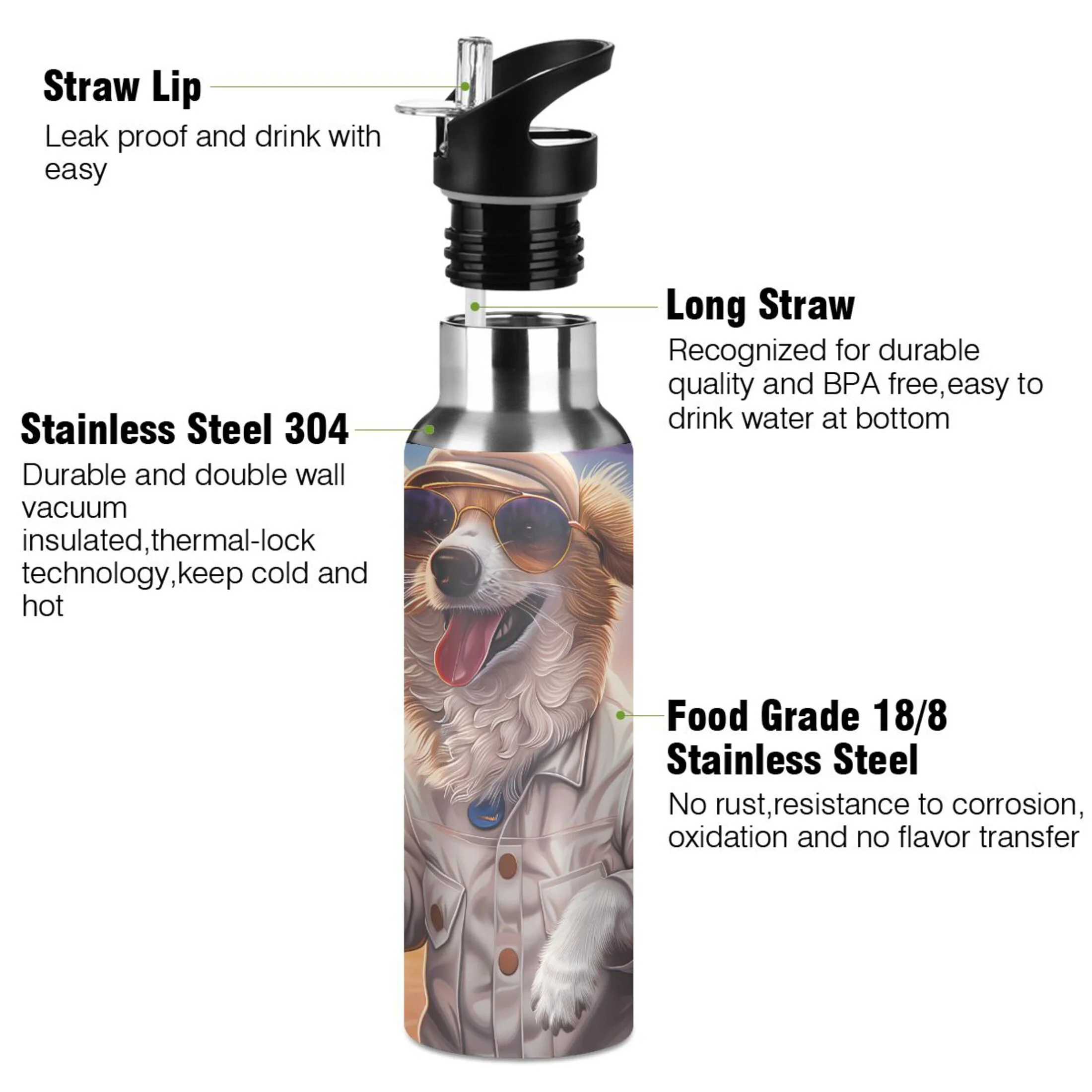 Dog in Wild Flowers Water Bottles Insulated Thermos Kids Stainless Steel Bottle with Straw Lid Flask Leakproof for Sports Gym 20 oz