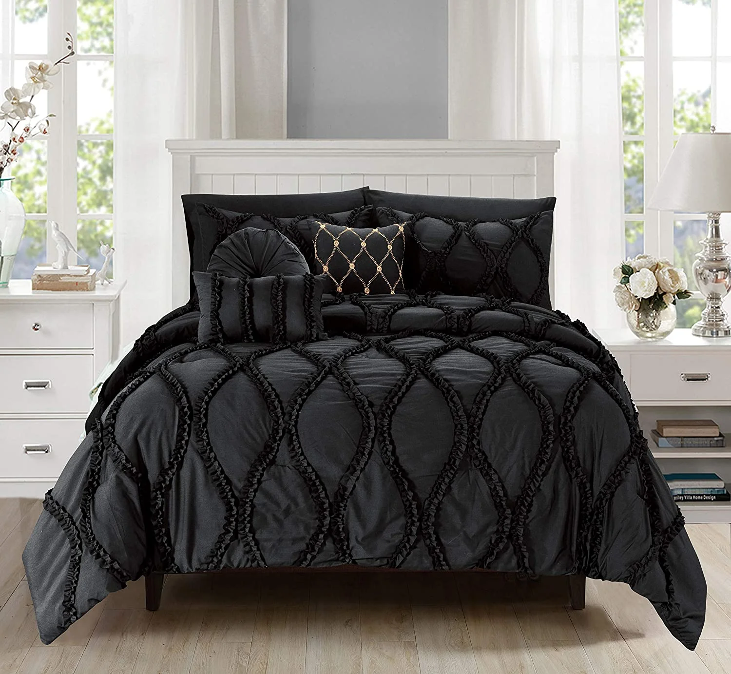 10-Pieces Infinity Design Comforter Set, Bed-in-a-Bag Includes Bed Sheet Set with Double Sided Storage Pockets and Decorative Pillows, King/Cal King, Black