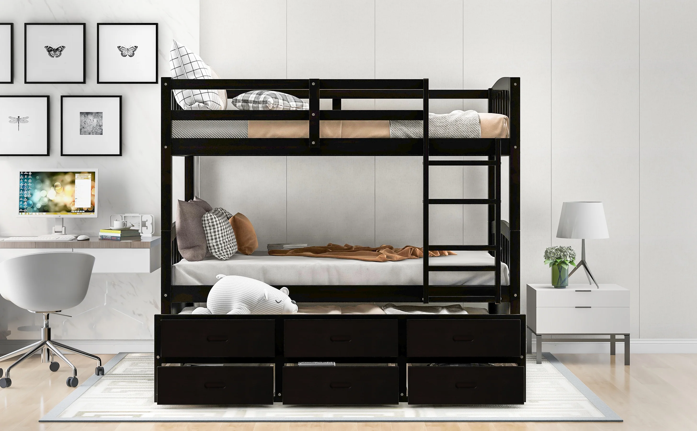 Leadzm Twin over Twin Wood Bunk Bed with Trundle and Drawers, Espresso