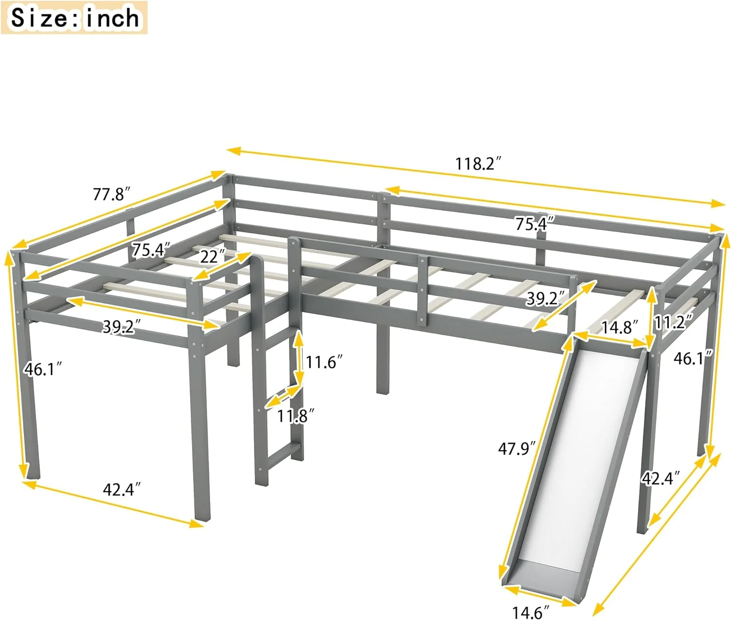 Moder L-Shaped Loft Bed With Uder-Bed Play&Storage Space, Bed Frame With Slide,Kids Loft Bed With Large Storage Space,Space Savig/Easy Assemble