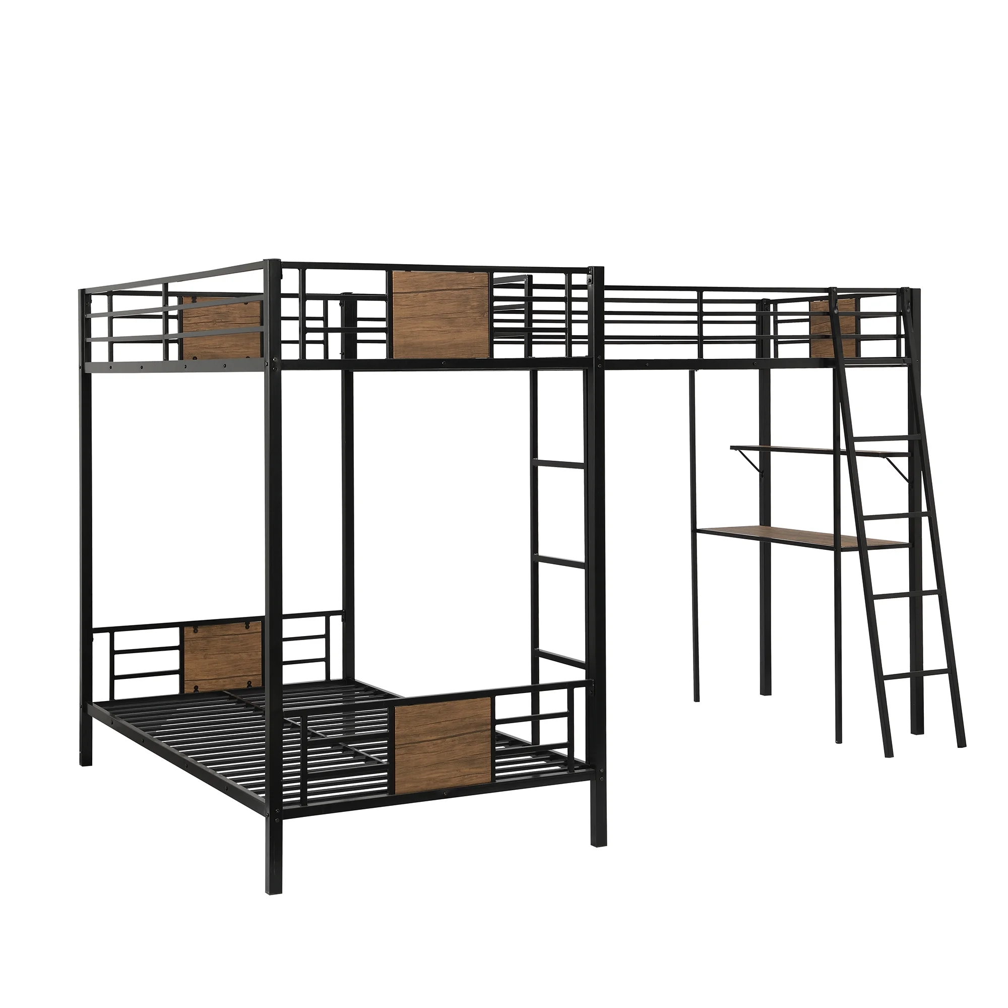 Twin over Twin Metal MDF L-Shaped Bunk Bed with a Loft Attached, Triple Bedframe with Desk, Shelf, Guardrails, and Ladders