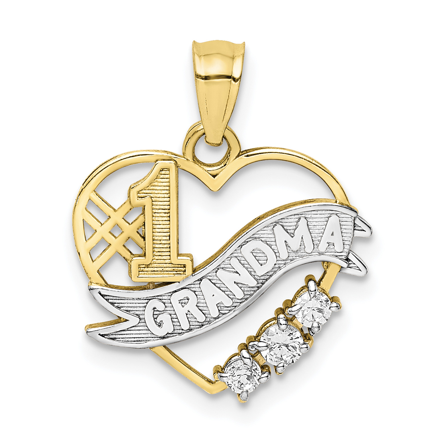 Carat in Karats 10K Two-Tone Gold Rhodium Plated CZ #1 Grandma In Heart Pendant With 14K Yellow Gold Light Weight Rope Chain 16