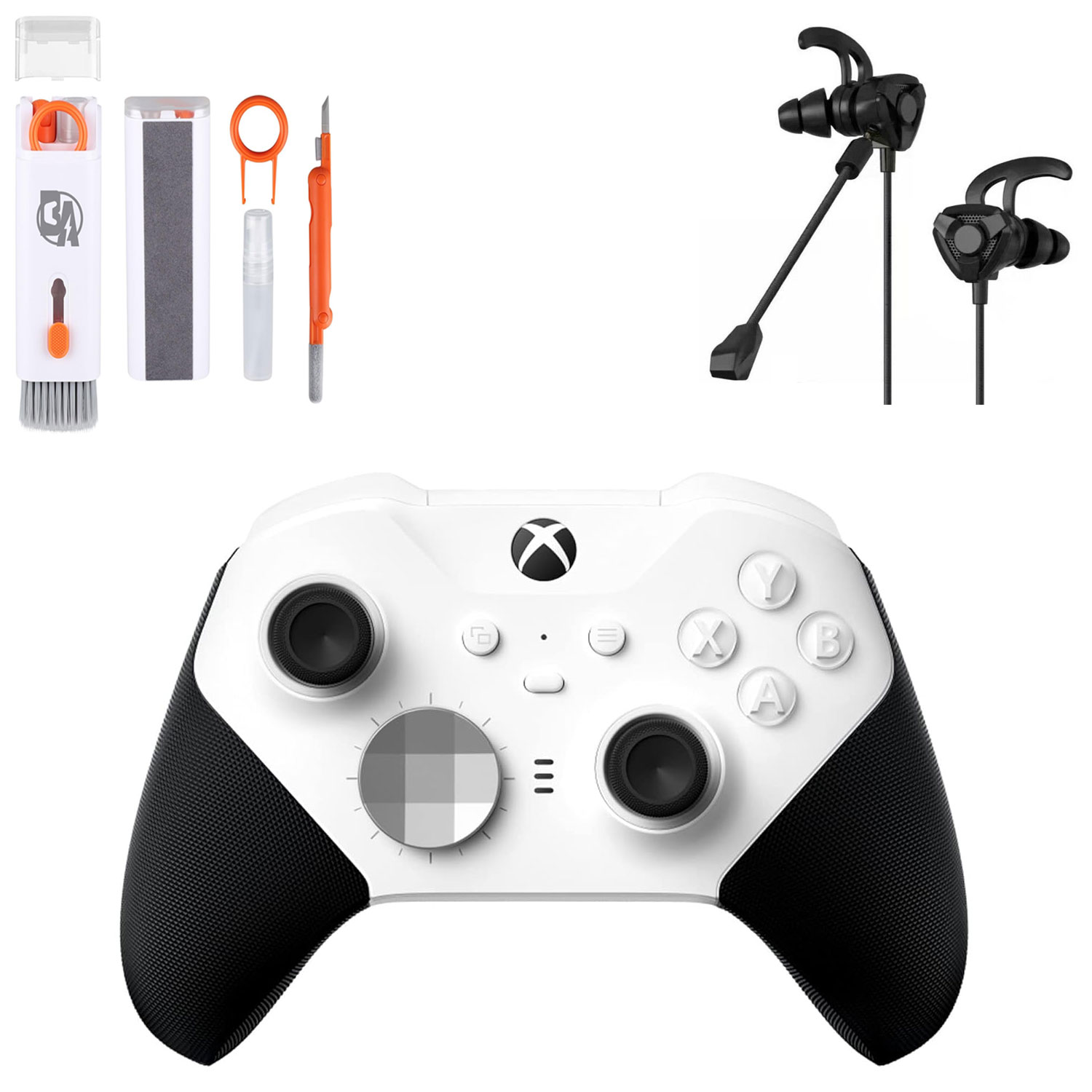 Xbox Elite Series 2 Wireless Gaming Controller White For Xbox Console With Black Gaming Buds + Cleaning Kit BOLT AXTION Bundle Like New