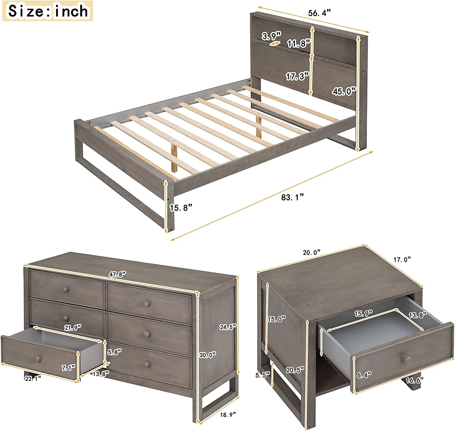 Bedroom Sets, 3 Piece Bedroom Sets With Full Size Platform Bed, Nightstand And Dresser, Solid Pine Wood Framhouse Bed Room Set, Full Bedroom Sets, Antique Gray