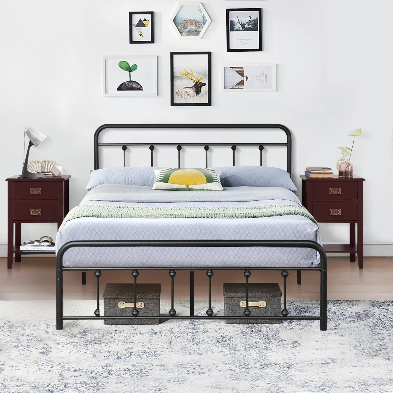 VECELO 3-Piece Bedroom Set with Full Metal Bed Frame and 2 Red-brown Nightstands (Set of 3)