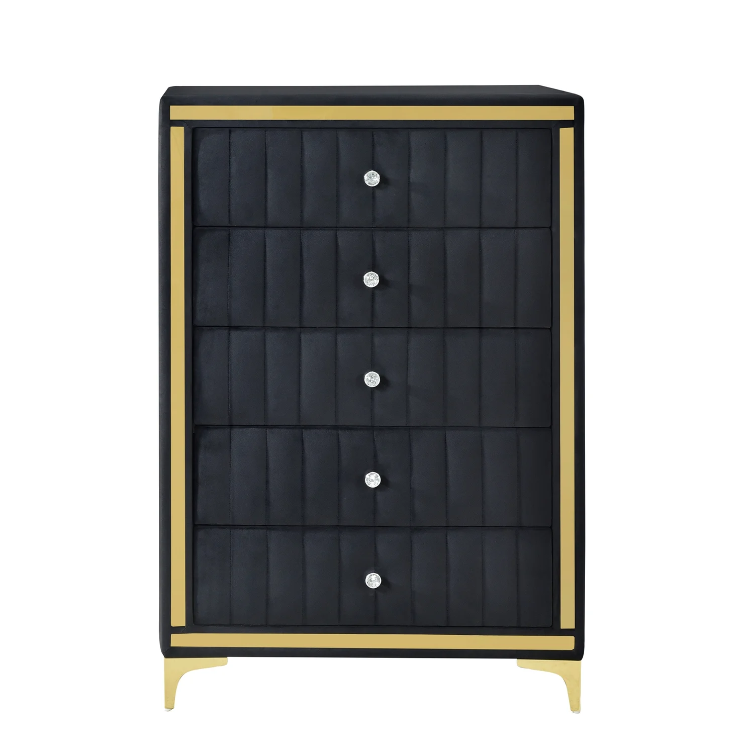 Better Home Products Monique Velvet Upholstered 5-Drawer Chest Dresser with Gold Legs and Gold Trim in Black - Fully Assembled