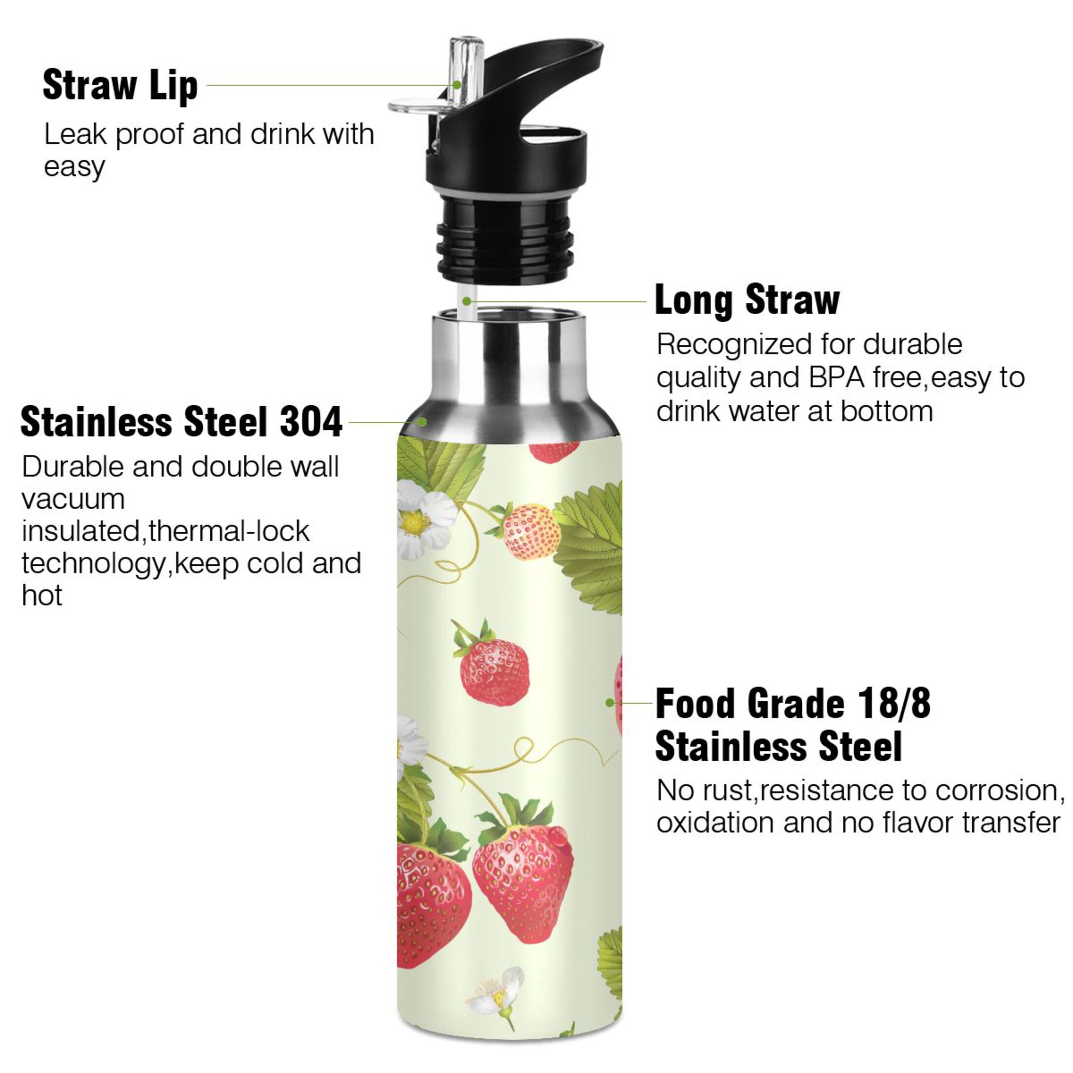 Water Bottle with Straw Lid Leak Bees Strawberry Daisy Leaves Stainless Steel Insulated Thermos Vacuum Flask for Cold Hot Drinking for Sports Camping Gym Yoga