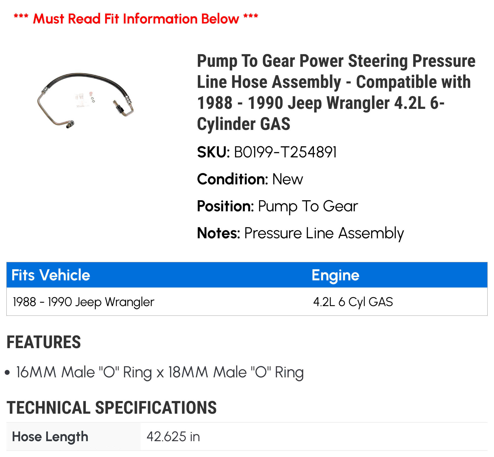 Pump To Gear Power Steering Pressure Line Hose Assembly - Compatible with 1988 - 1990 Jeep Wrangler 4.2L 6-Cylinder GAS 1989