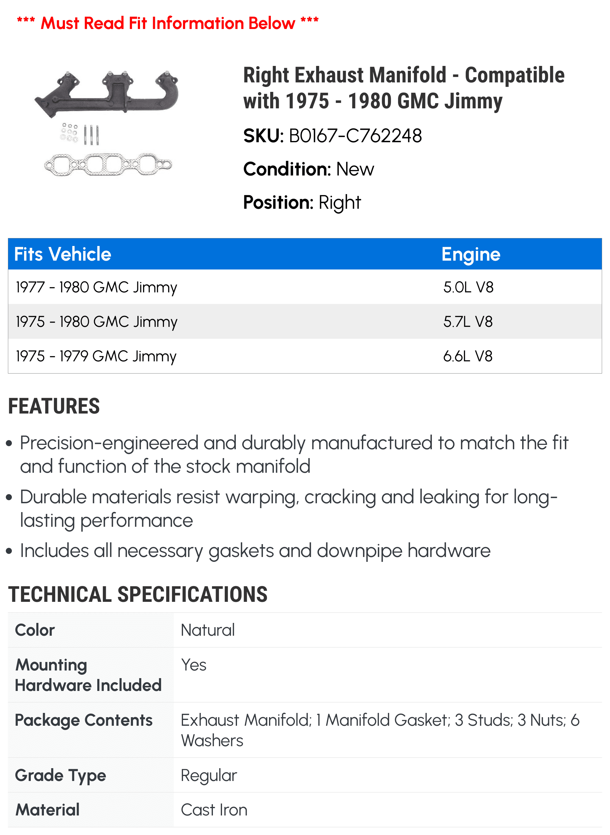 Right Exhaust Manifold - Compatible with 1975 - 1980 GMC Jimmy 1976 1977 1978 1979