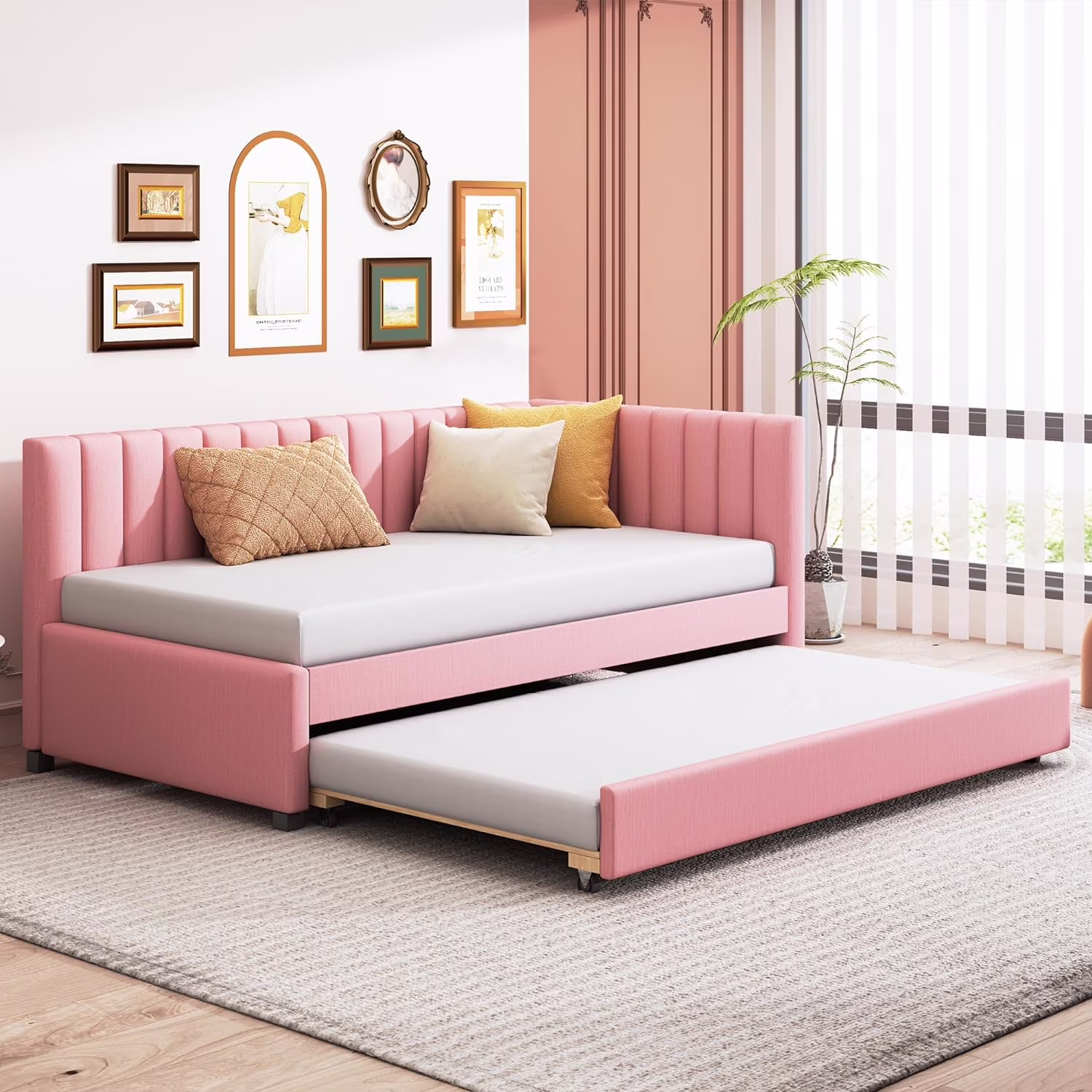 Size Daybed With Trudle, Moder Upholstered L-Shape Daybed, Lie Fabric Sofa Bed Frame With Tufted Headboard For Livig Room, Bedroom,