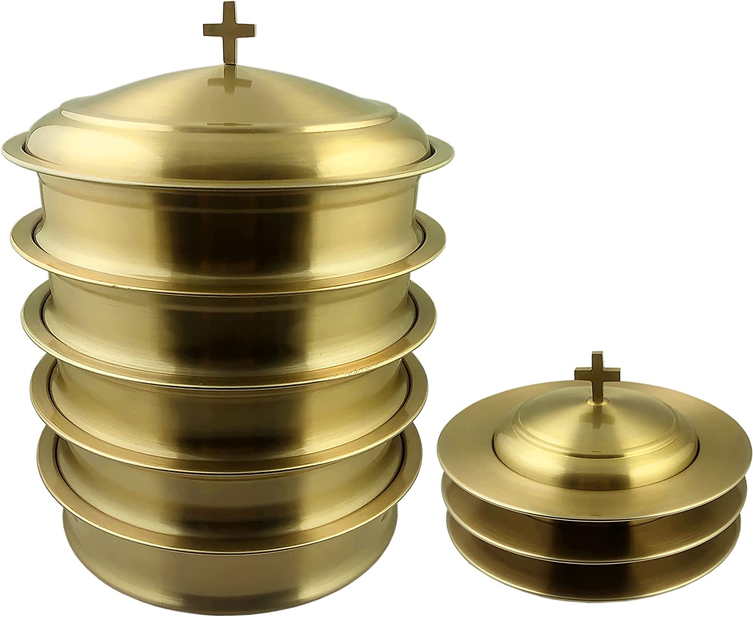 Communion Ware 5 Holy Wine Serving Trays with a Lid & 3 Stacking Bread Plates with a Lid Stainless Steel - Brass/Gold
