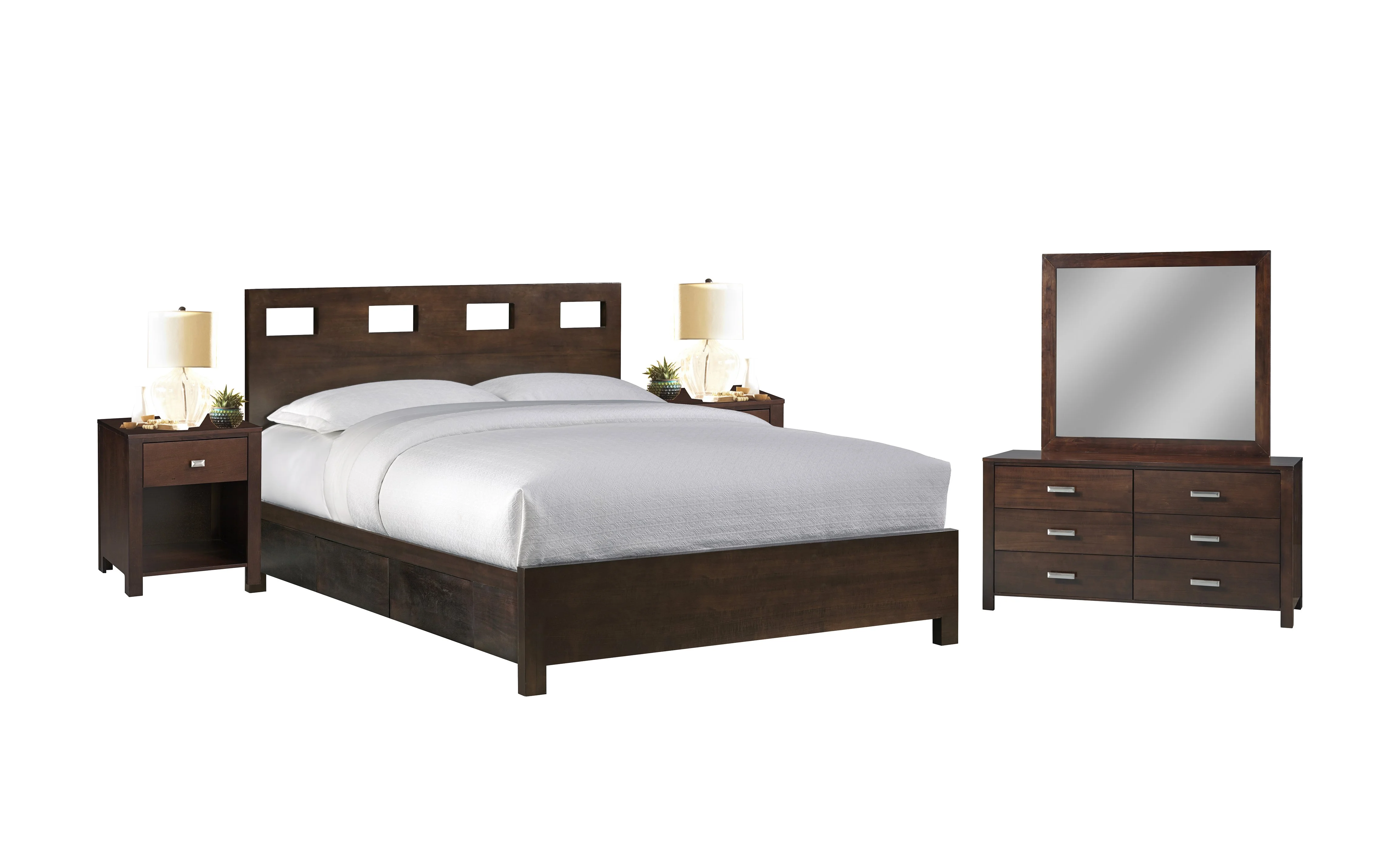 Ranshaw 5PC Cal King Storage Bed, 2 Nightstand, Dresser & Mirror Set in Mocha Brown Mahogany