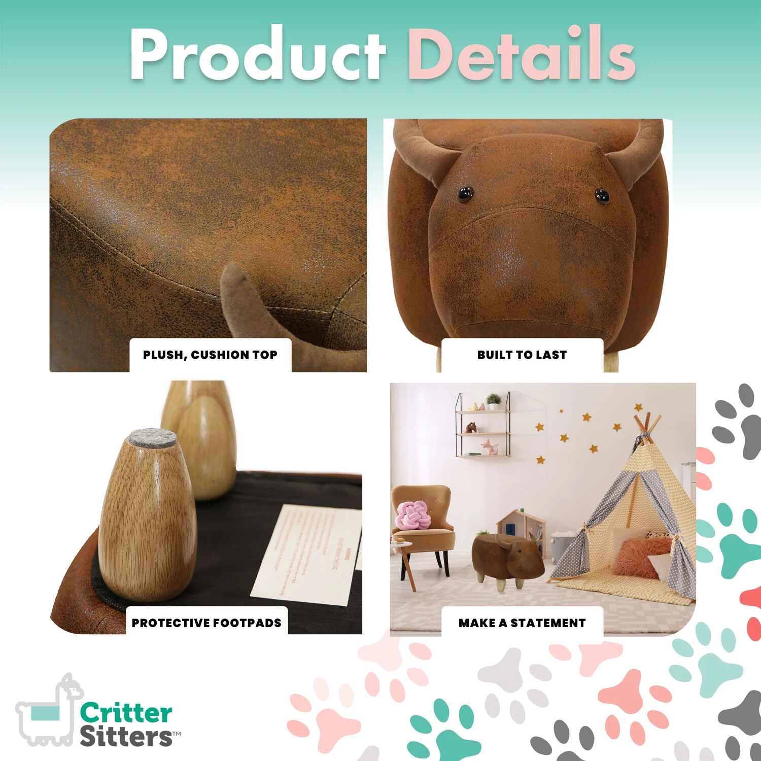 Critter Sitters 14-in. Seat Height Faux-Leather Brown Cow Animal Shape Ottoman