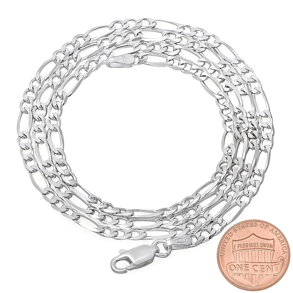 3mm Solid .925 Sterling Silver Flat Figaro Chain Necklace, 28 inches + Gift Box