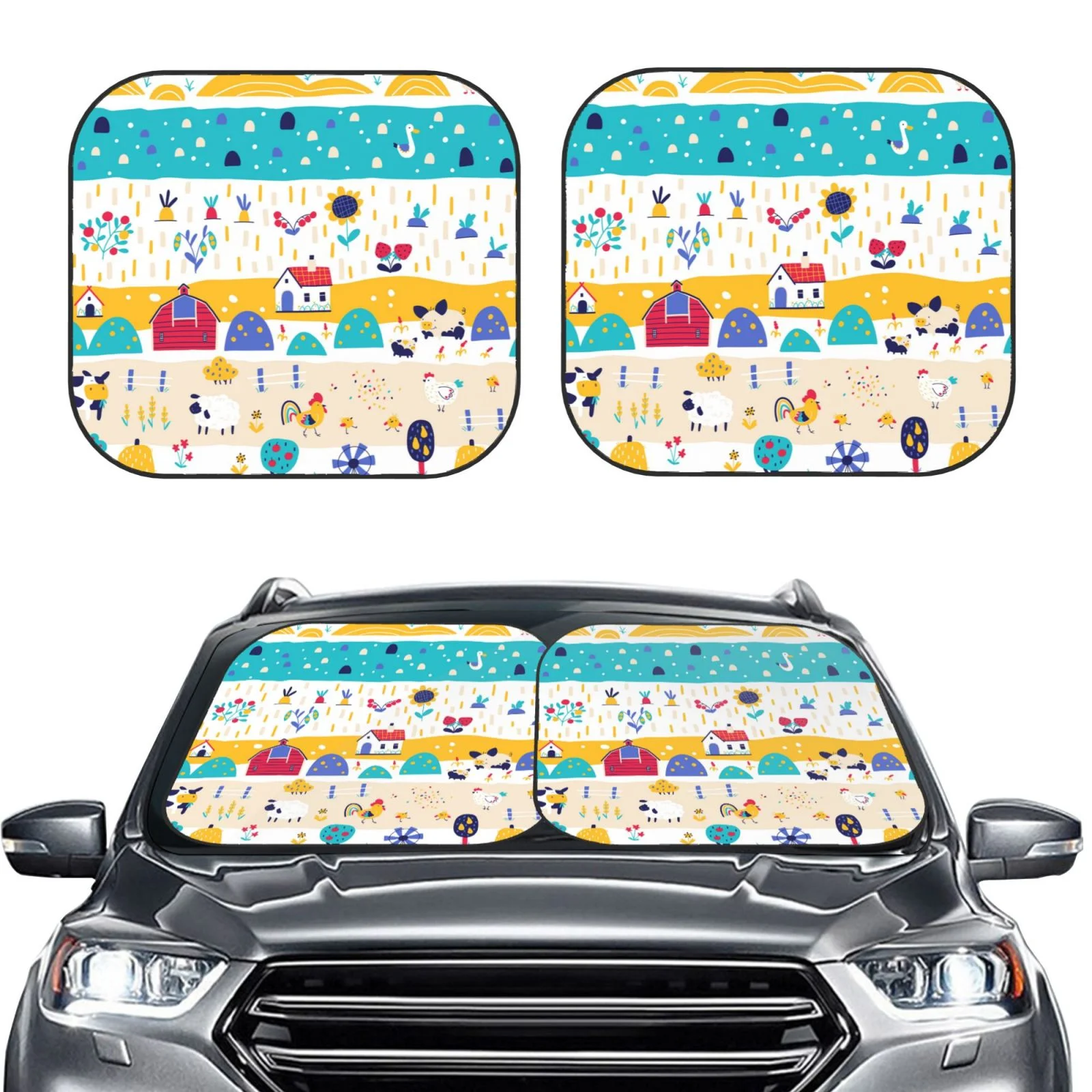 Lukts Funny Farm Print 2 Piece Car Sun Shade Windshield,Foldable Car Shade Front Windshield With Keeps Your Vehicle Cool, For Most Sedans Suv And Trucks - Small