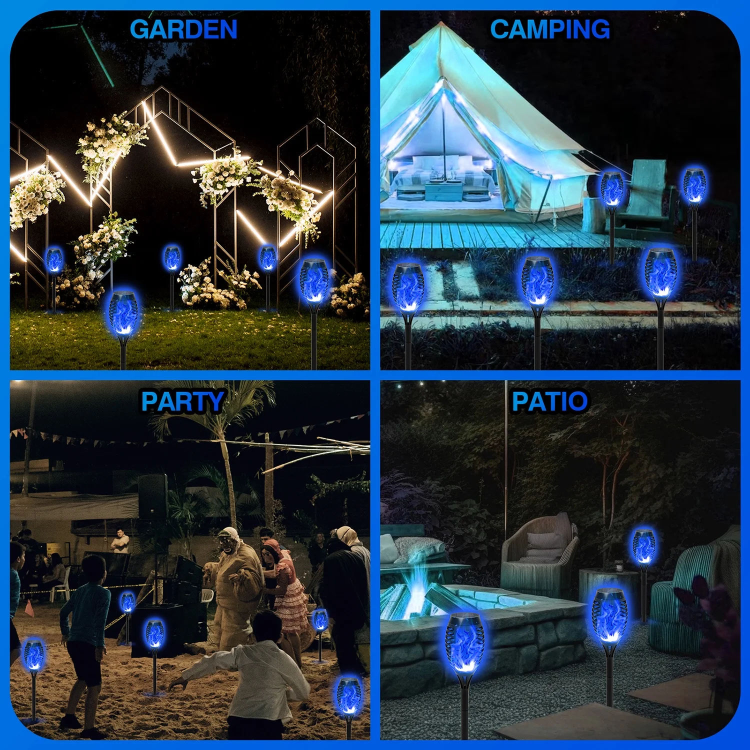 8PCS Blue Flickering Flame Solar Lights 12 LED Solar Tiki Torches Solar Powered Pathway Lights Waterproof Landscape Lawn Outdoor Lights for Outside Garden Yard Patio Xmas Decoration