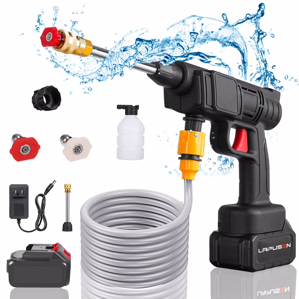 HDJ 9000 mAh 24V Cordless Pressure Washer Car Washer Machine With 1 Battery,1 Charge,16.4 FT Water Pipe and 2 Connect Nozzles,800 PSI