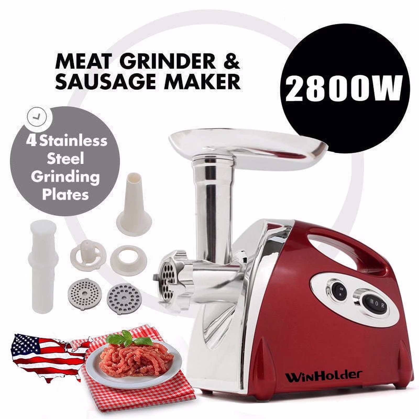Red Electric Meat Grinder Mincer Sausage Stuffer Stainless Steel 2800W Winholder