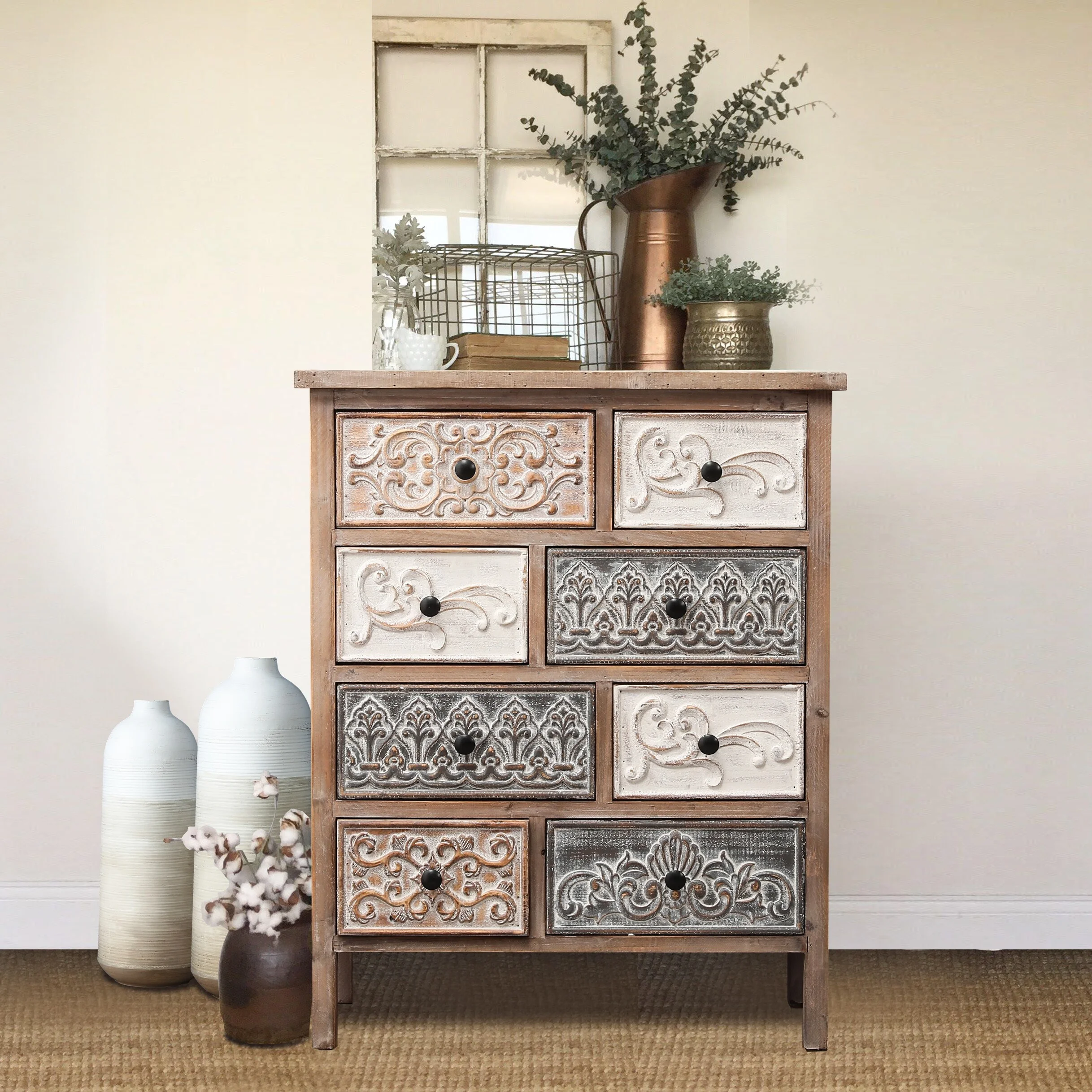 The Curated Nomad  Brewa Varied Rustic Carved Wood 8-Drawer Chest - 32.09