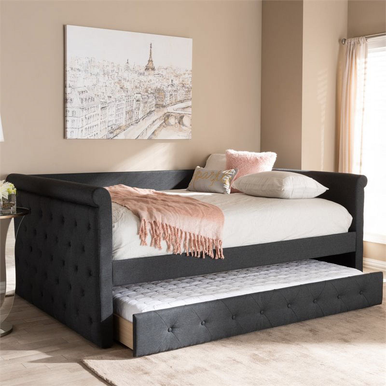 Bowery Hill Fabric Tufted Full Daybed with Trundle in Dark Gray