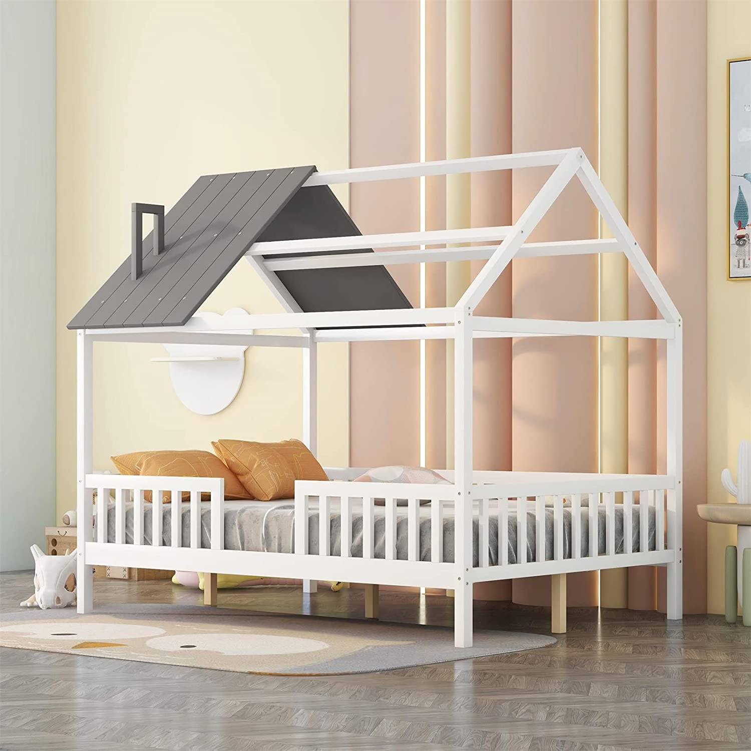 Full House Beds With Rails Wood Montessori Bed Frame Kids Gray Cabin Bed For Children Boys Girls Teens, Full Size